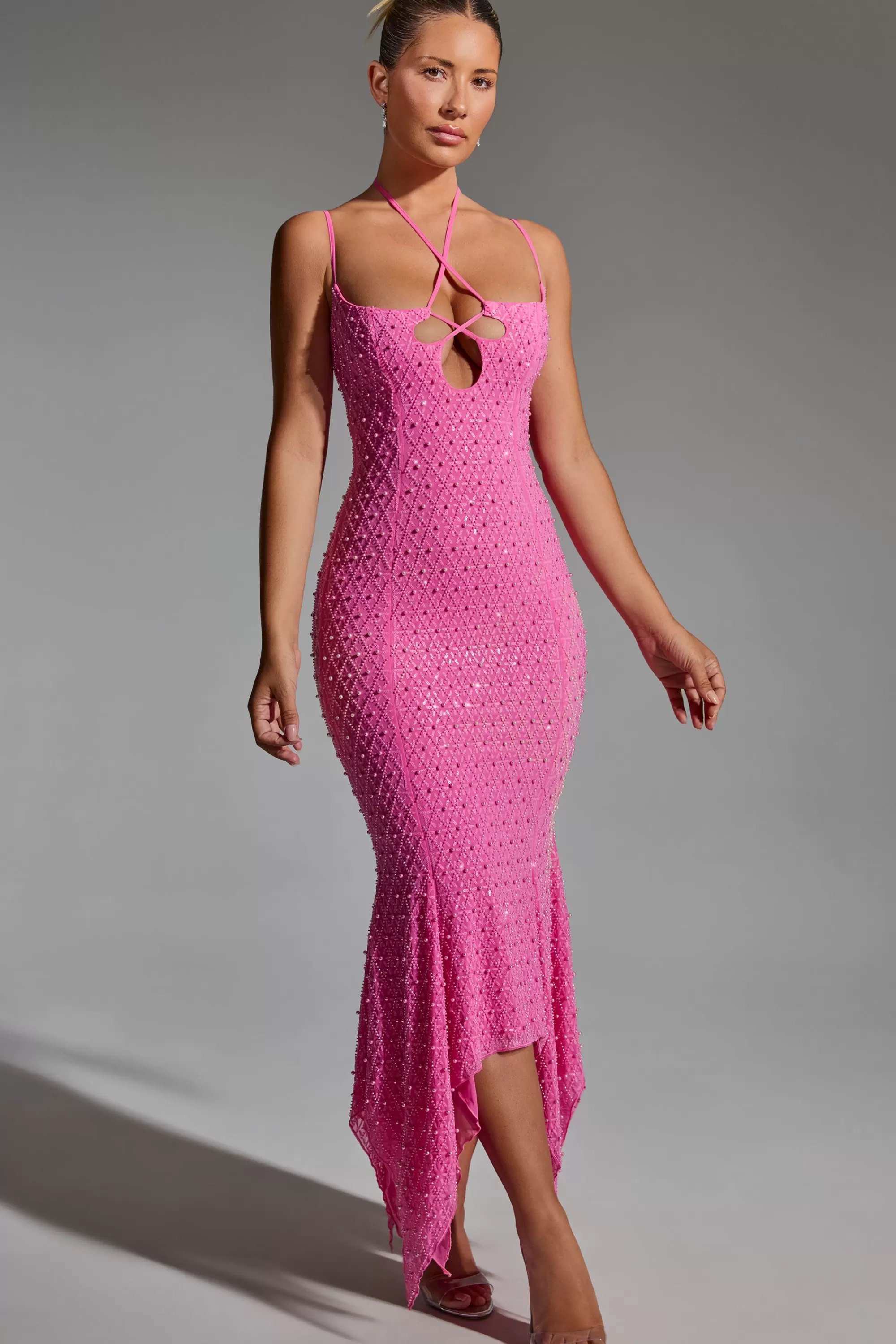 Oh Polly Embellished Cut-Out Asymmetric Midaxi Dress in Hot Pink HotPink Cheap