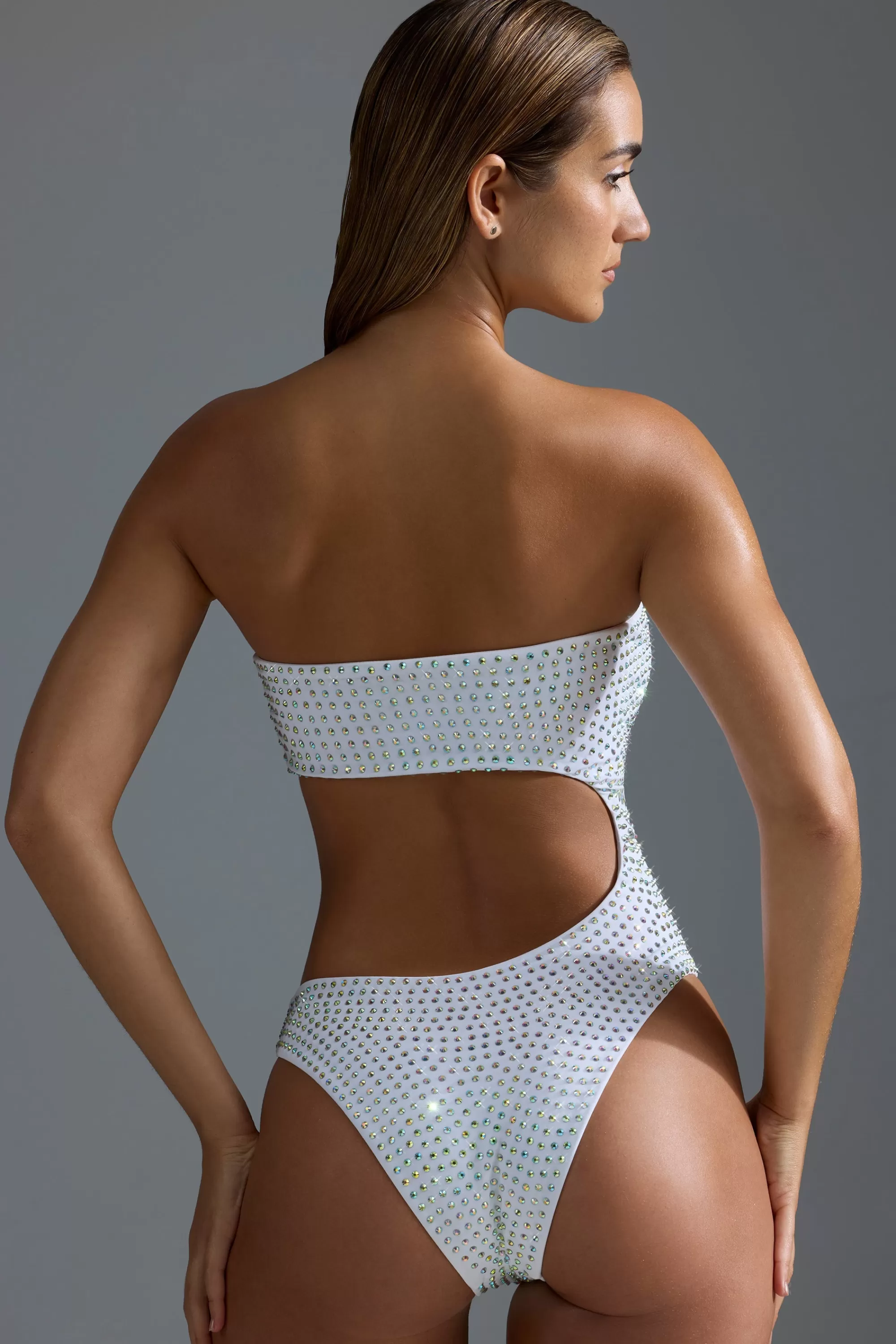 Oh Polly Embellished Cut-Out Cheeky One-Piece Swimsuit in White Clearance