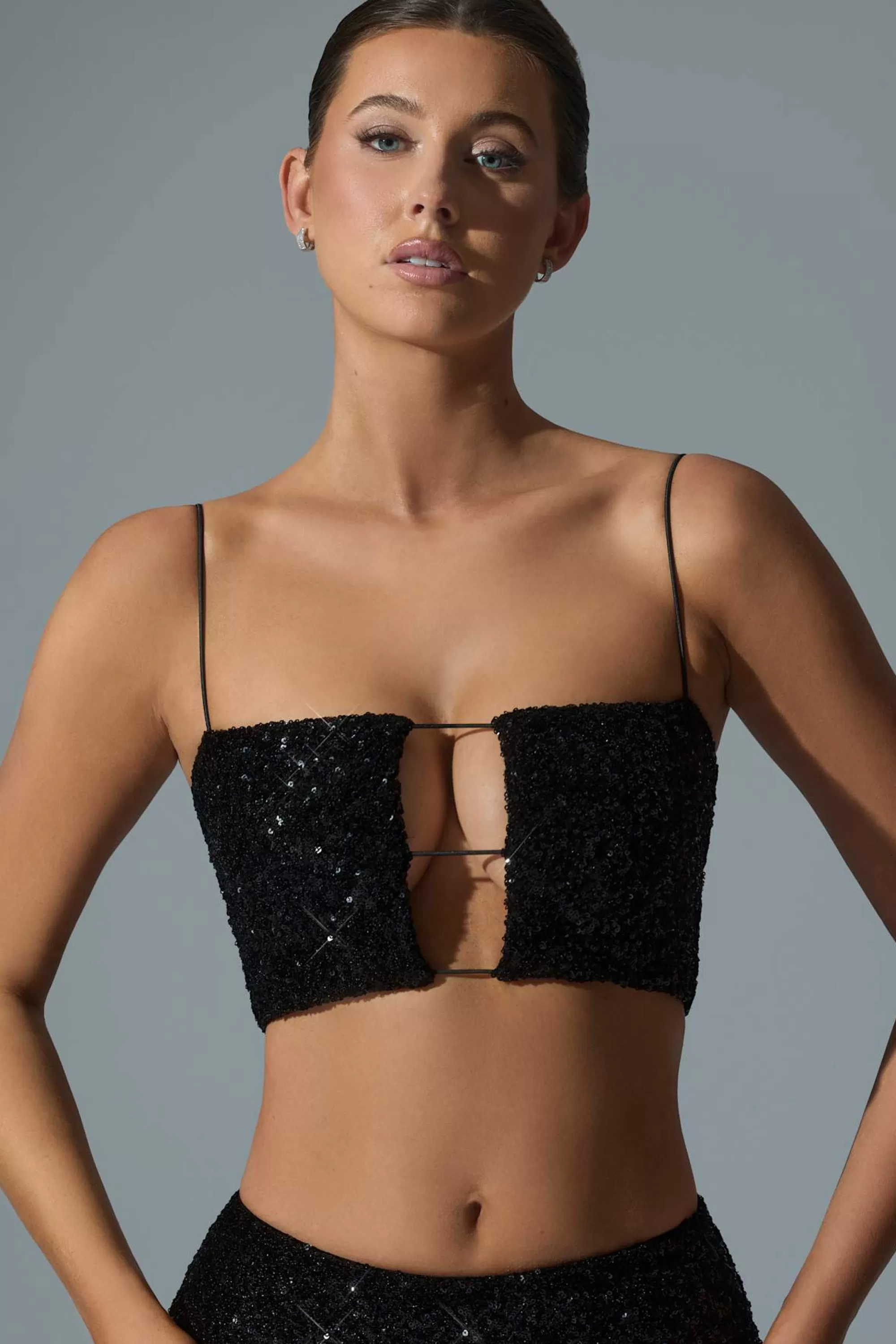 Oh Polly Embellished Cut-Out Crop Top in Black Clearance