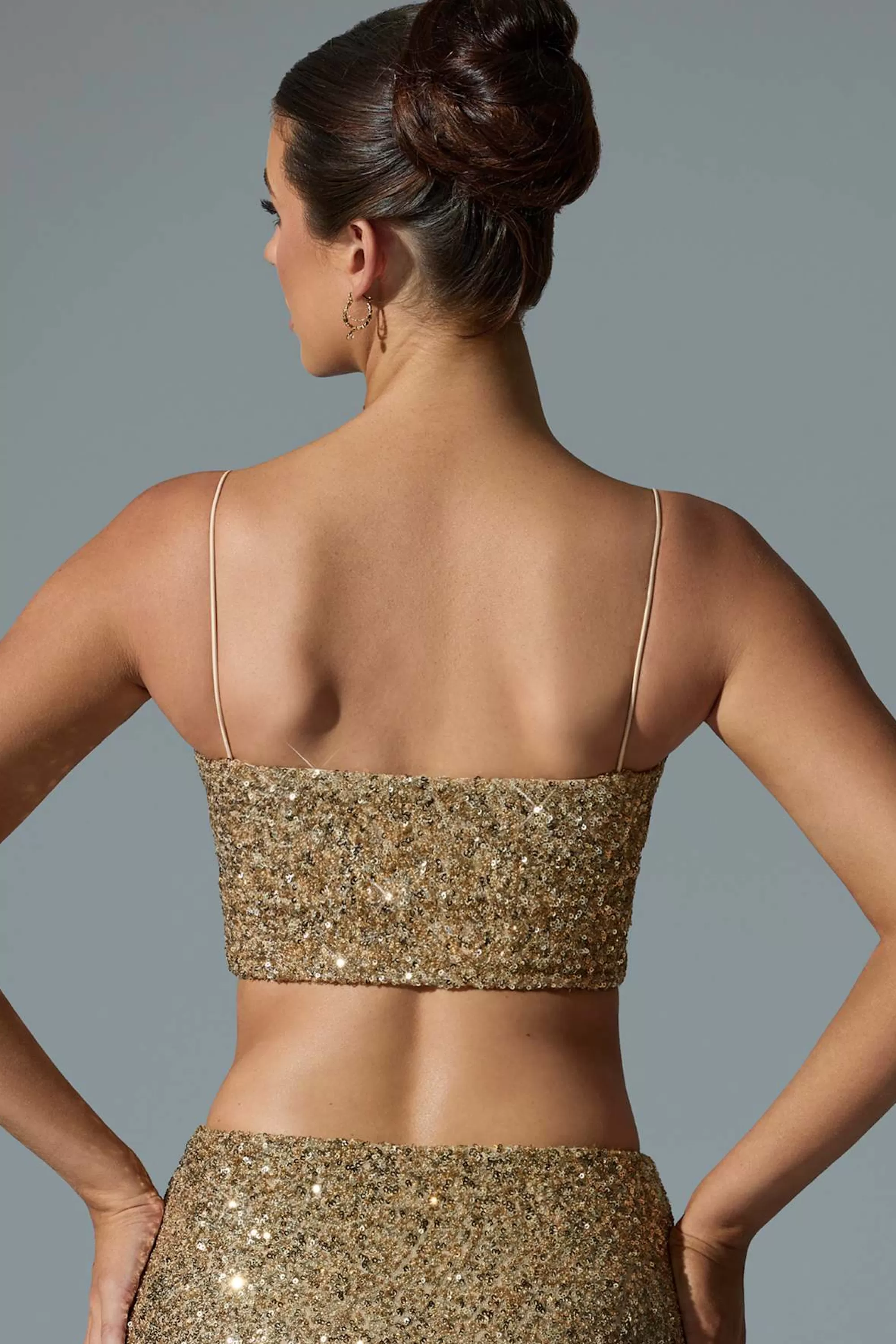 Oh Polly Embellished Cut-Out Crop Top in Gold Shop