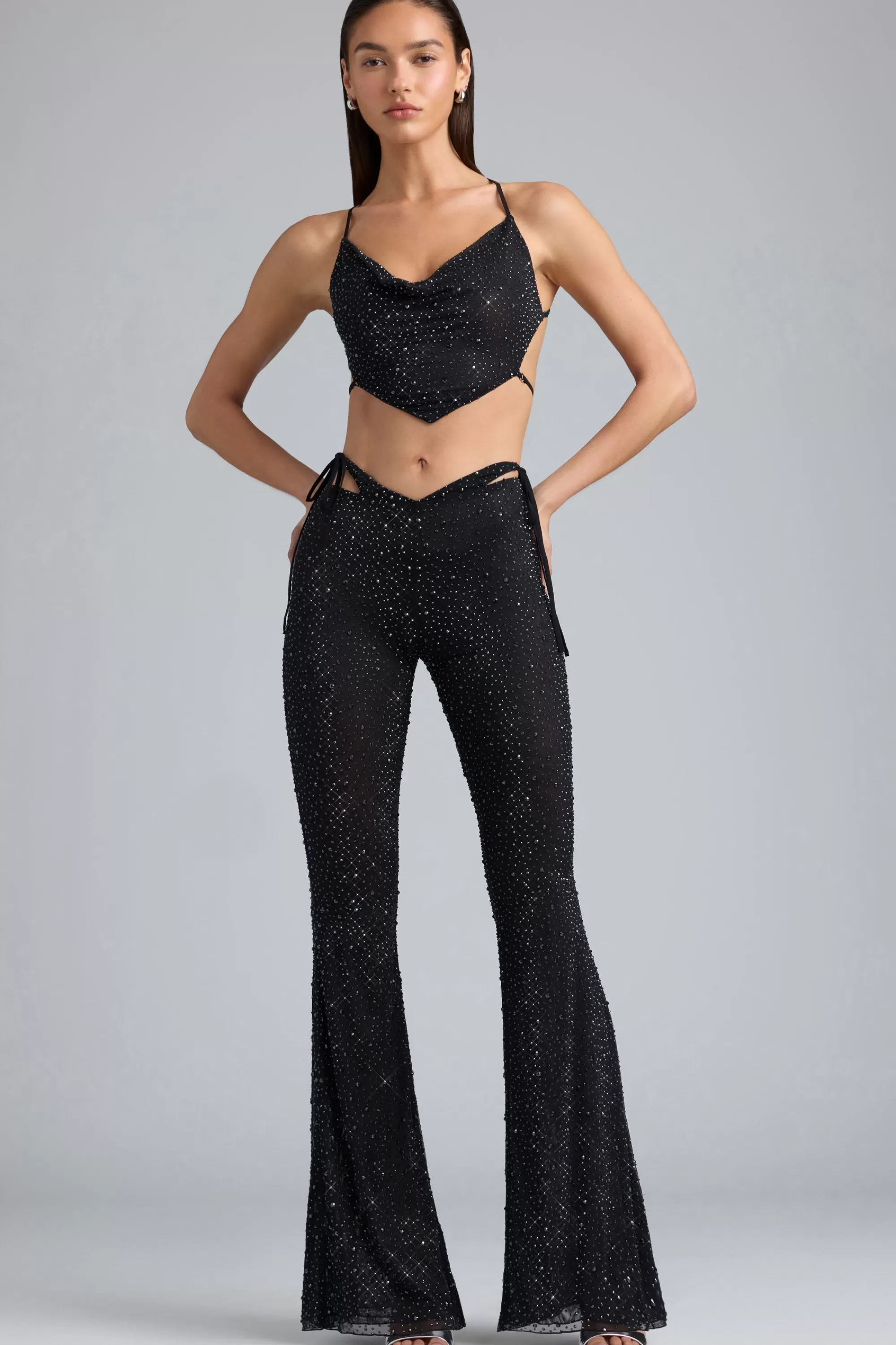 Oh Polly Embellished Cut-Out Flared Trousers in Black Cheap