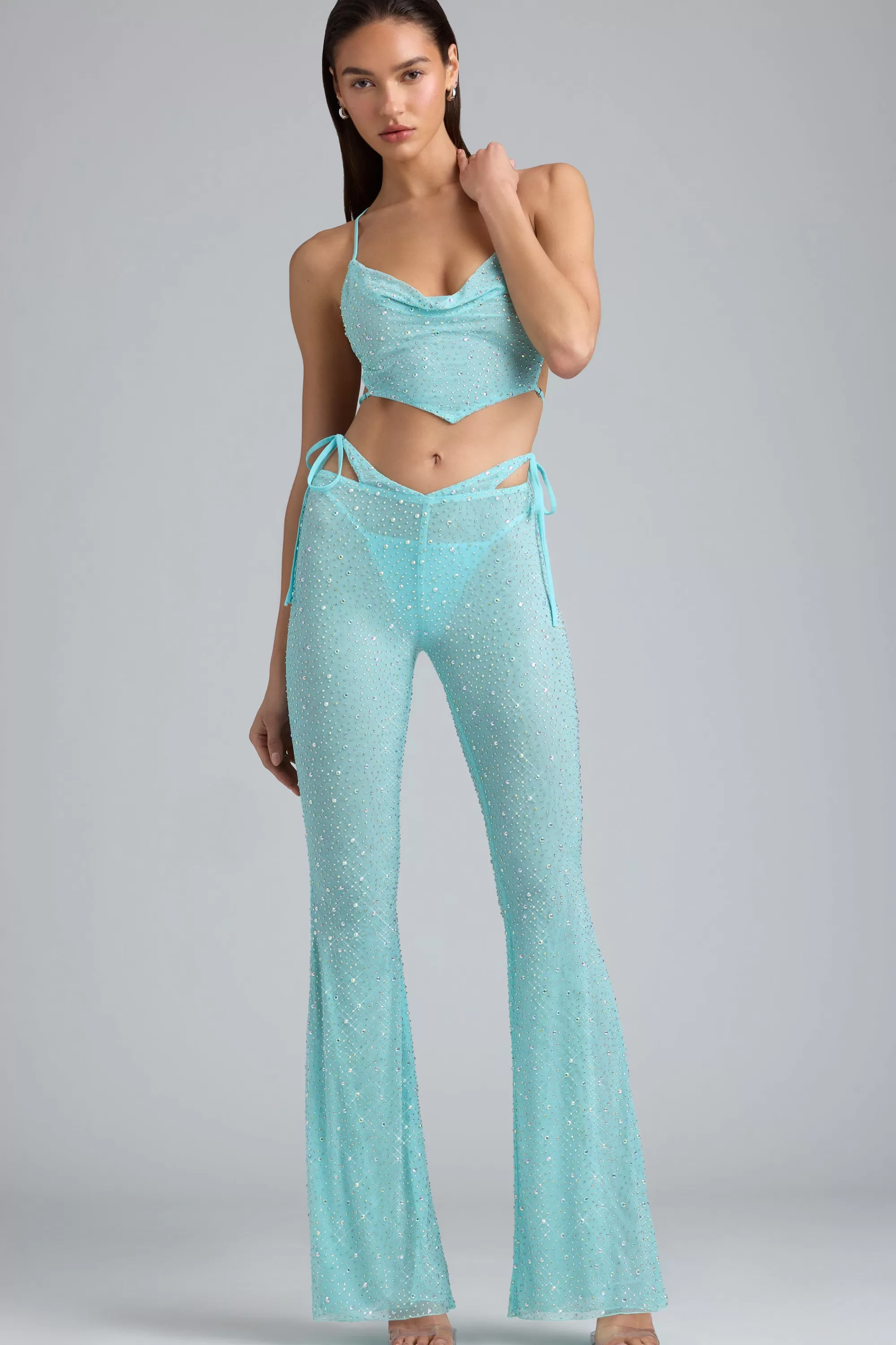 Oh Polly Embellished Cut-Out Flared Trousers in Ice Blue IceBlue Hot