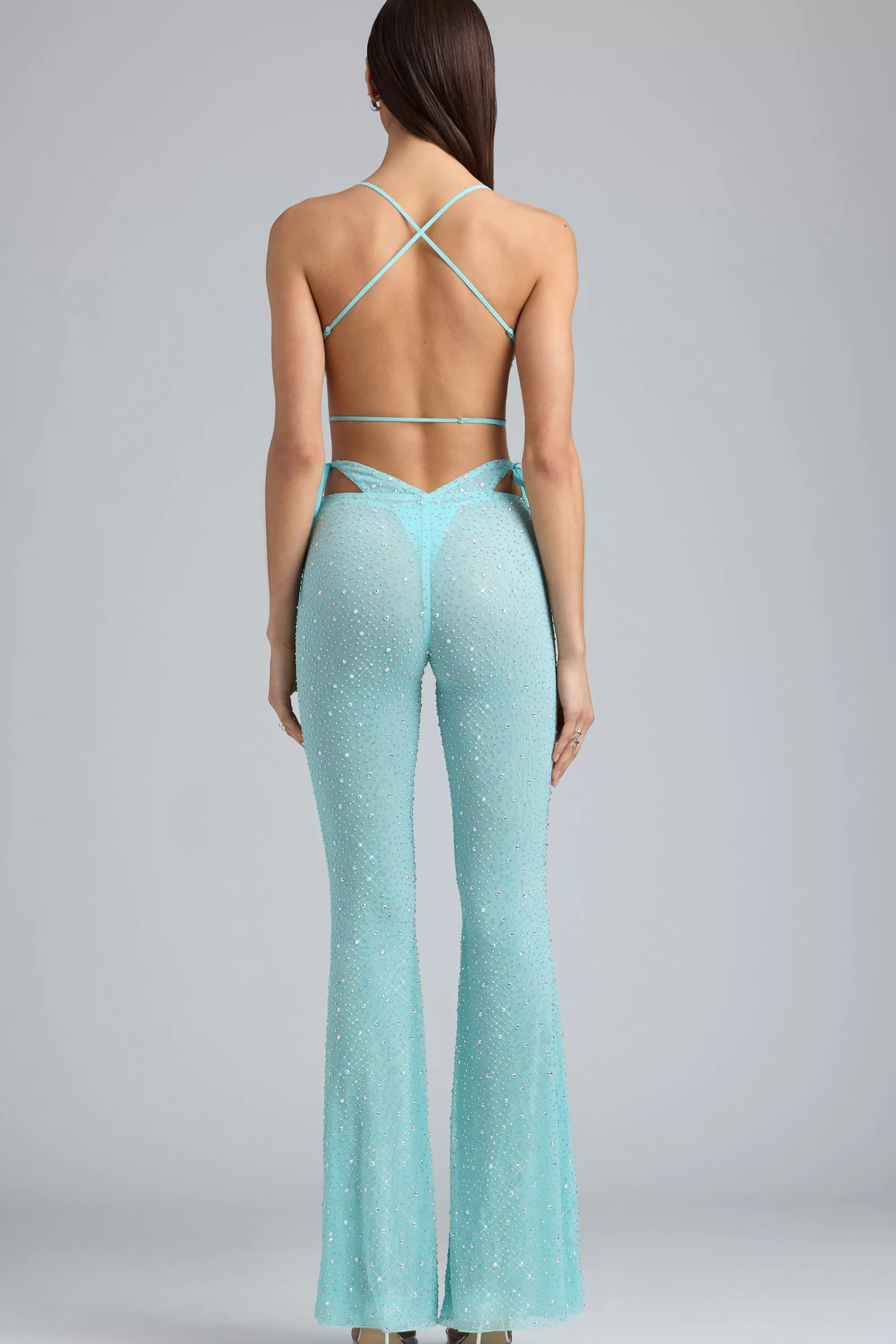 Oh Polly Embellished Cut-Out Flared Trousers in Ice Blue IceBlue Hot