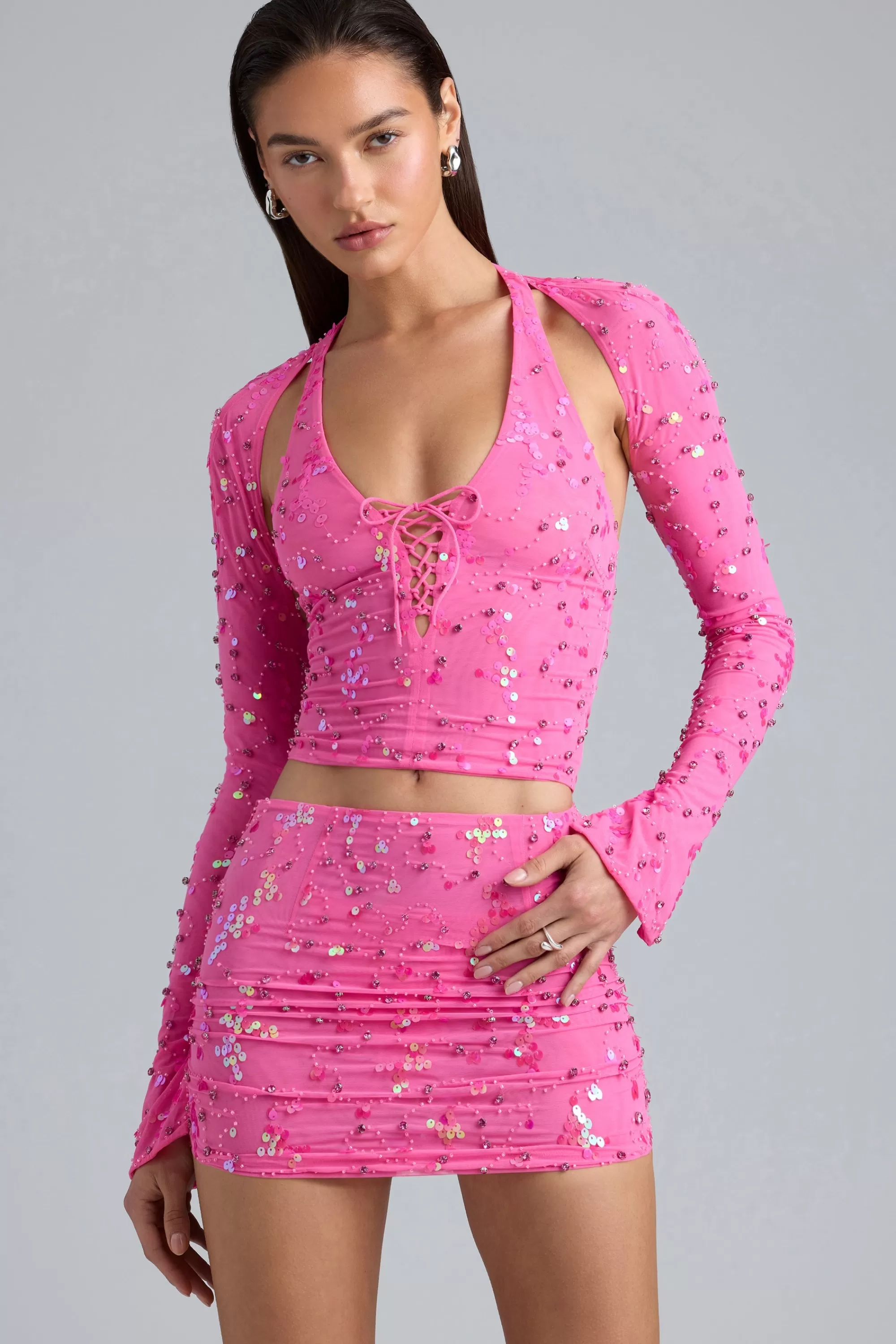 Oh Polly Embellished Cut-Out Halterneck Top in Bubblegum Pink BubblegumPink Best Sale