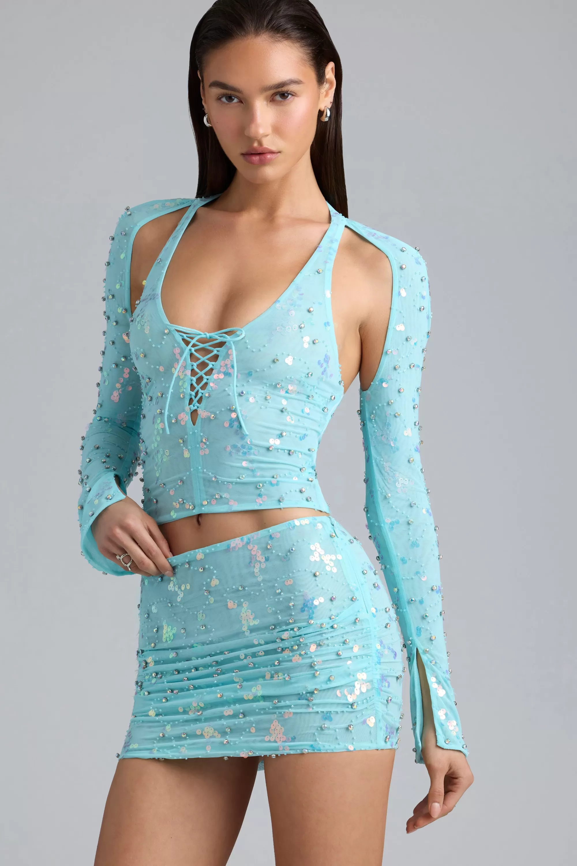 Oh Polly Embellished Cut-Out Halterneck Top in Ice Blue IceBlue Outlet