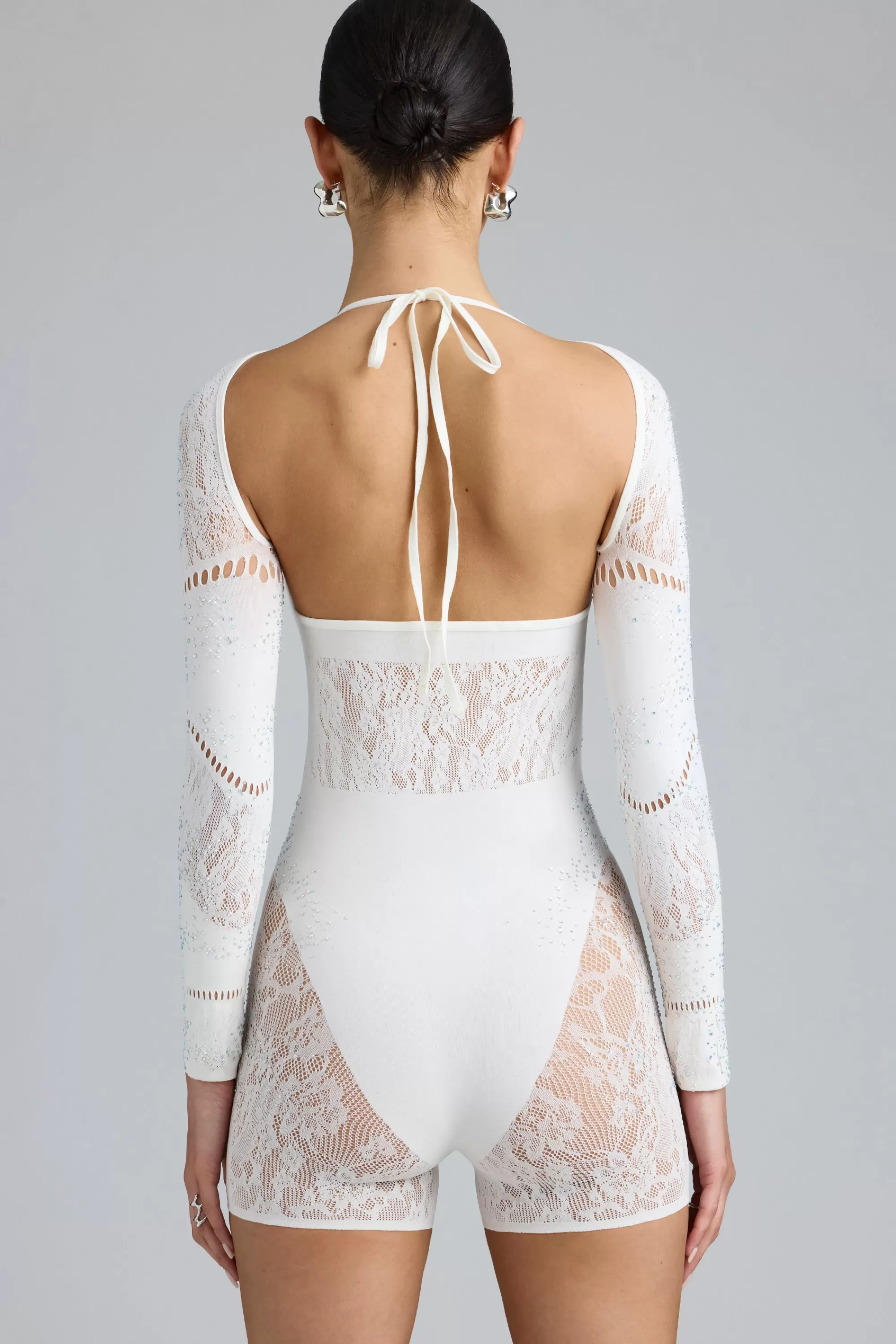 Oh Polly Embellished Cut-Out Unitard in Ivory Online