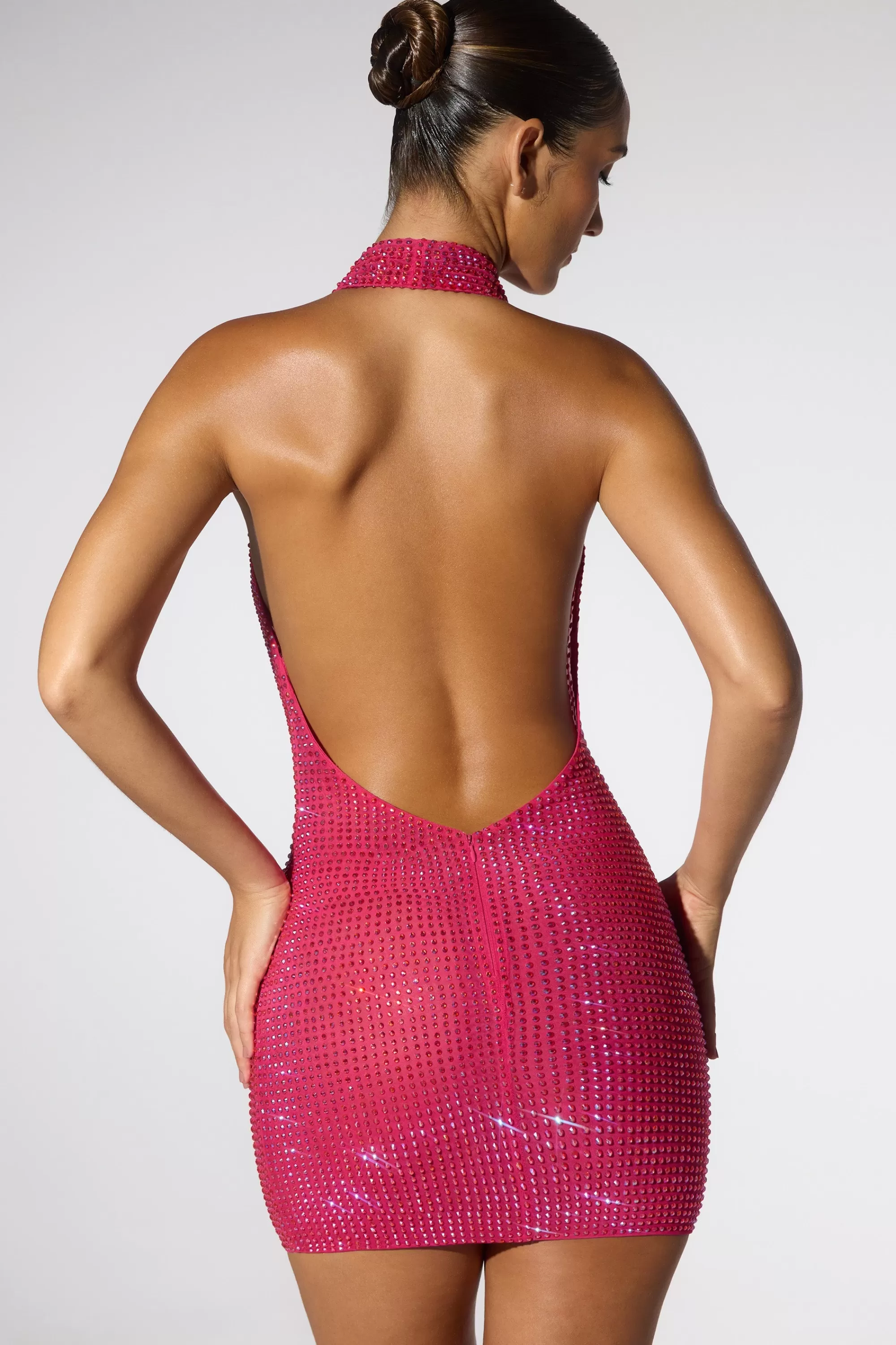 Oh Polly Embellished Extreme Cowl Neck Halter Mini Dress in Hot Pink HotPink Best Sale