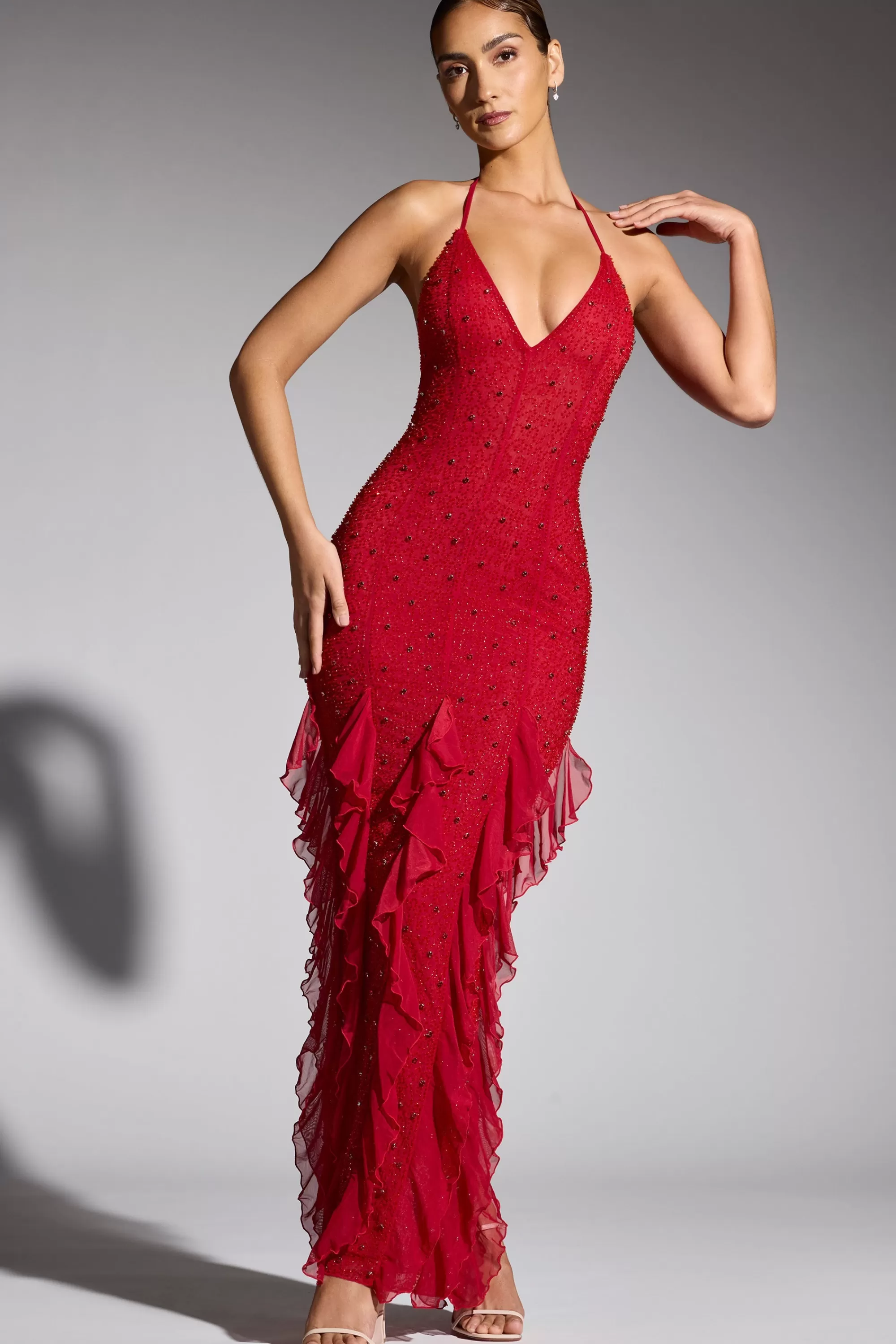 Oh Polly Embellished Halter Neck Ruffle Maxi Dress in Red Discount