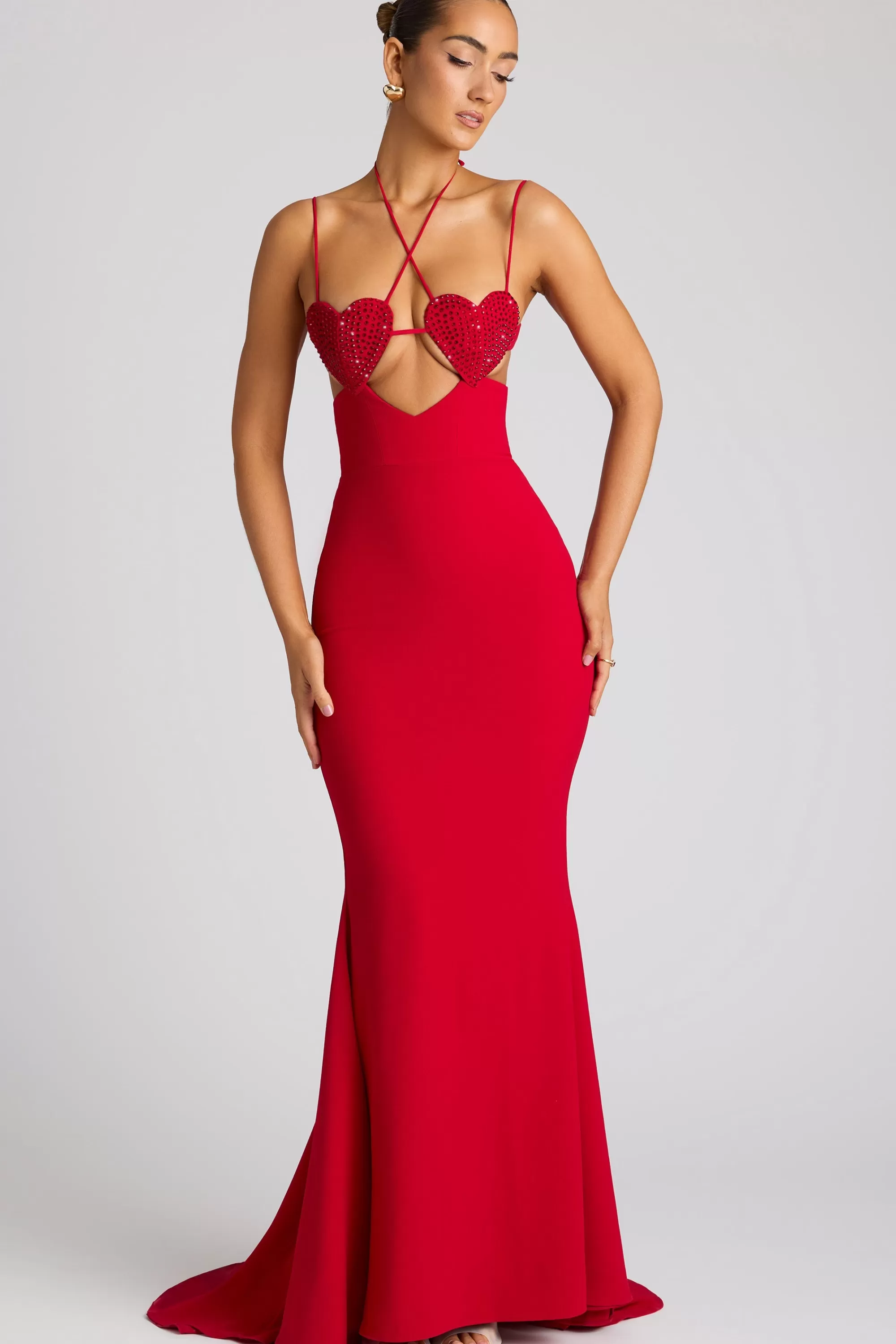 Oh Polly Embellished Heart Cup Detail Evening Gown in Fire Red FireRed Clearance