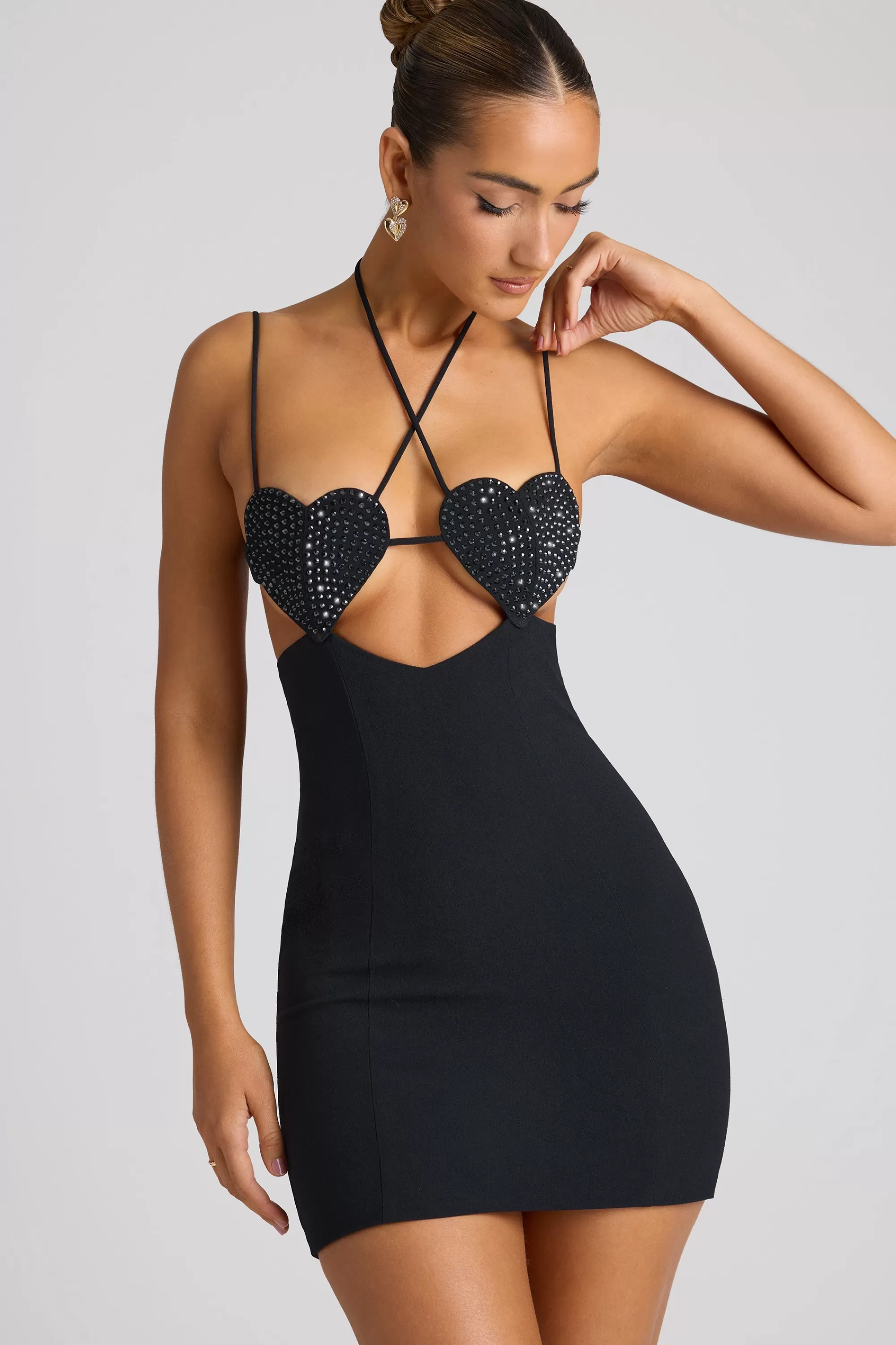 Oh Polly Embellished Heart Cup Detail Mini Dress in Black New