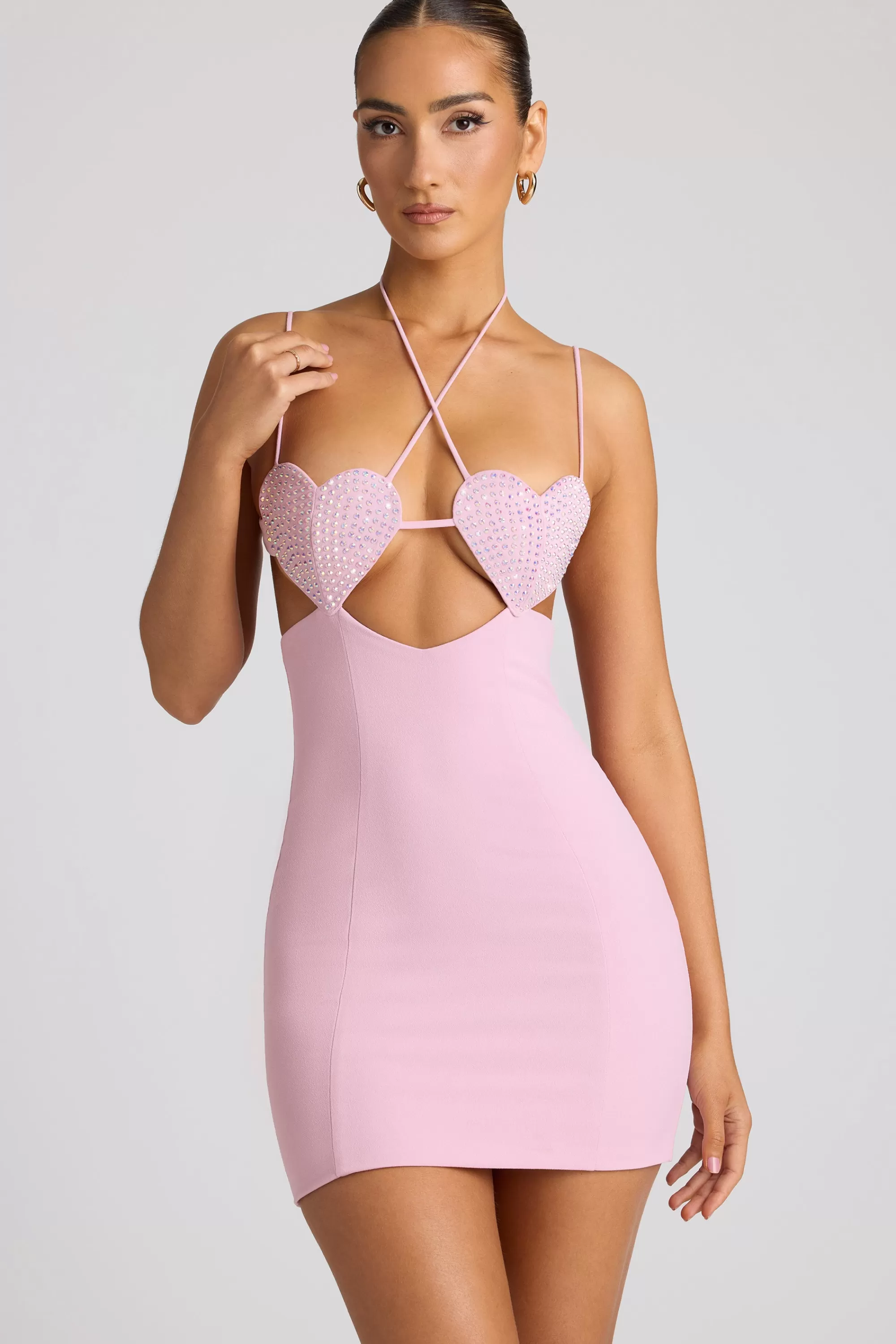 Oh Polly Embellished Heart Cup Detail Mini Dress in Soft Pink SoftPink Sale