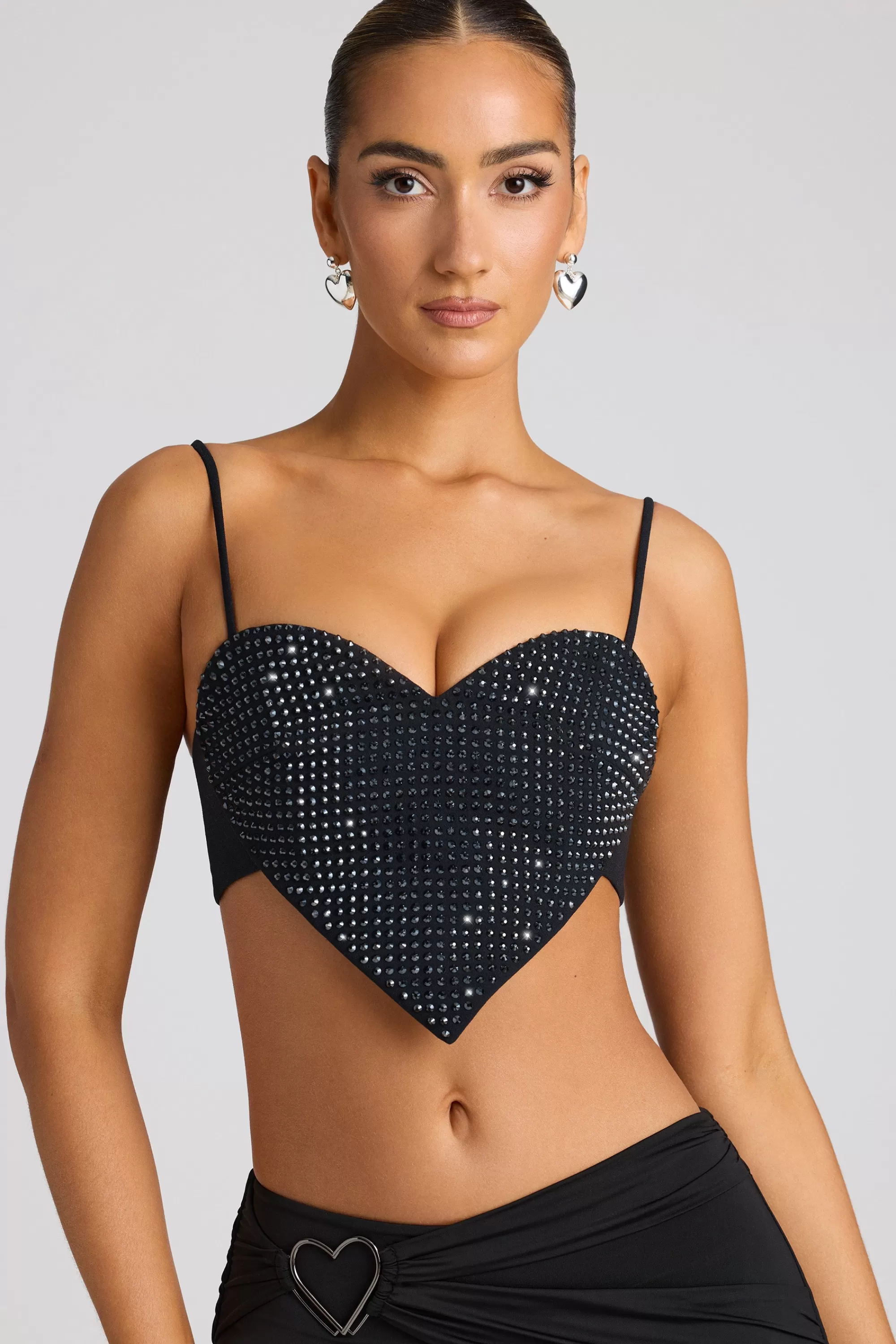 Oh Polly Embellished Heart Detail Crop Top in Black Best Sale