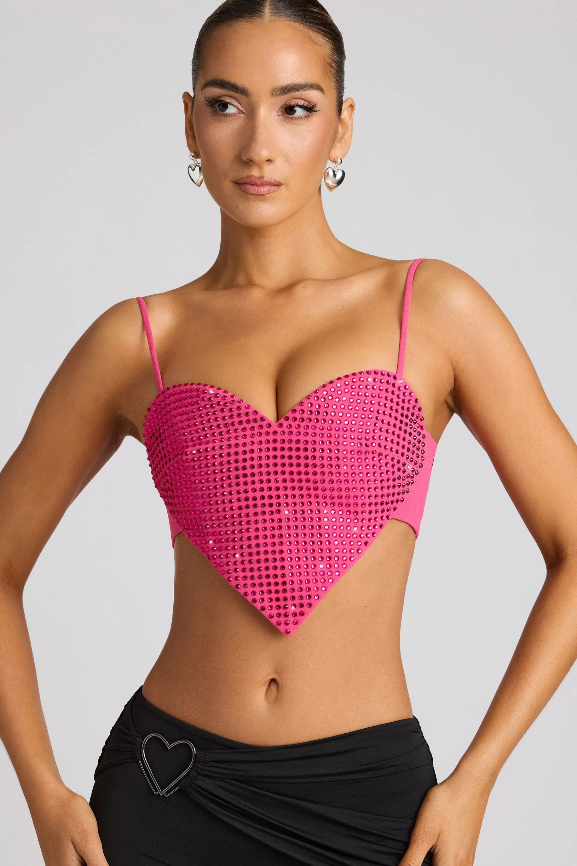 Oh Polly Embellished Heart Detail Crop Top in Magenta Cheap