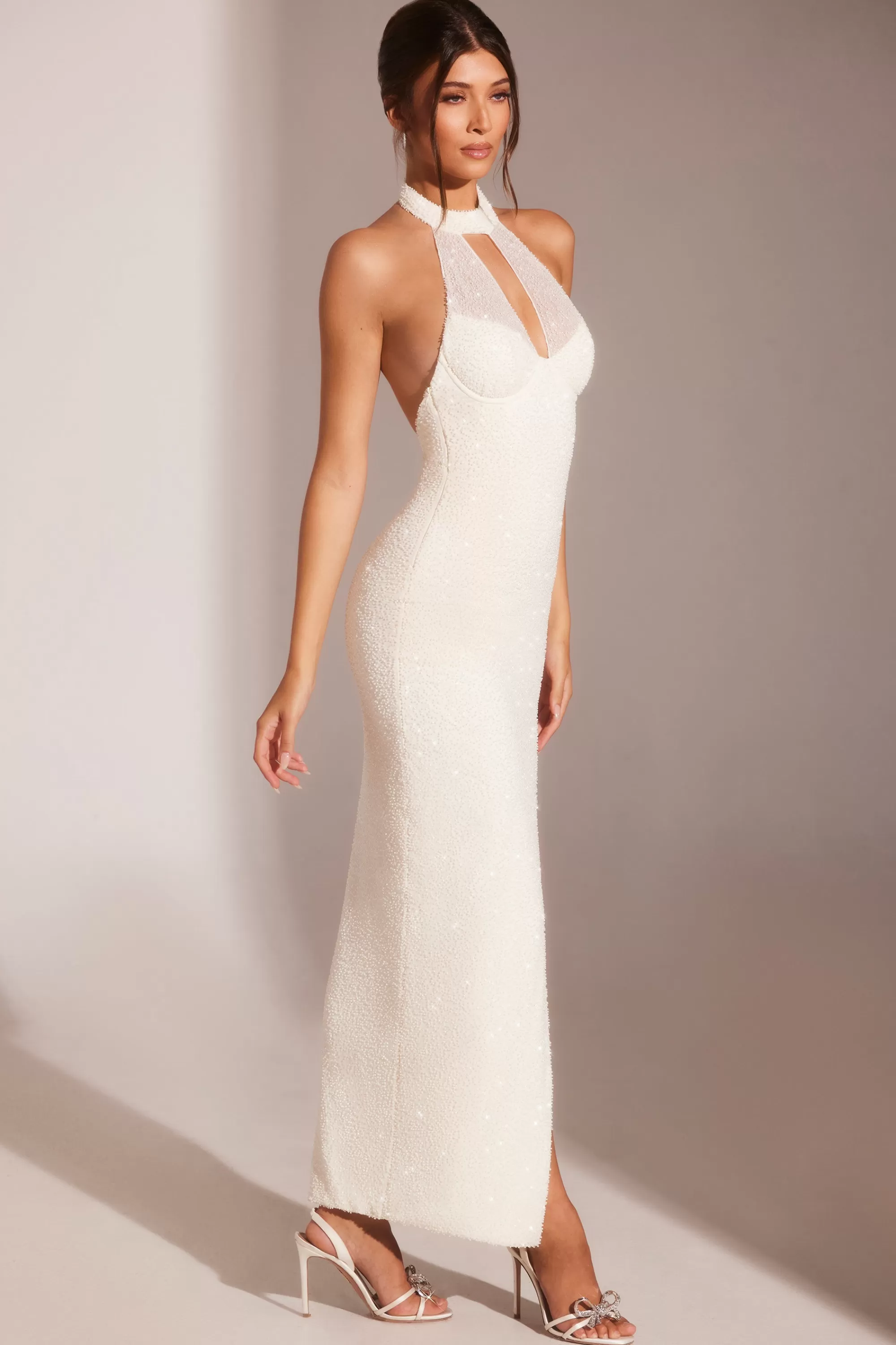 Oh Polly Embellished High Neck Keyhole Cut Out Evening Gown in White Clearance
