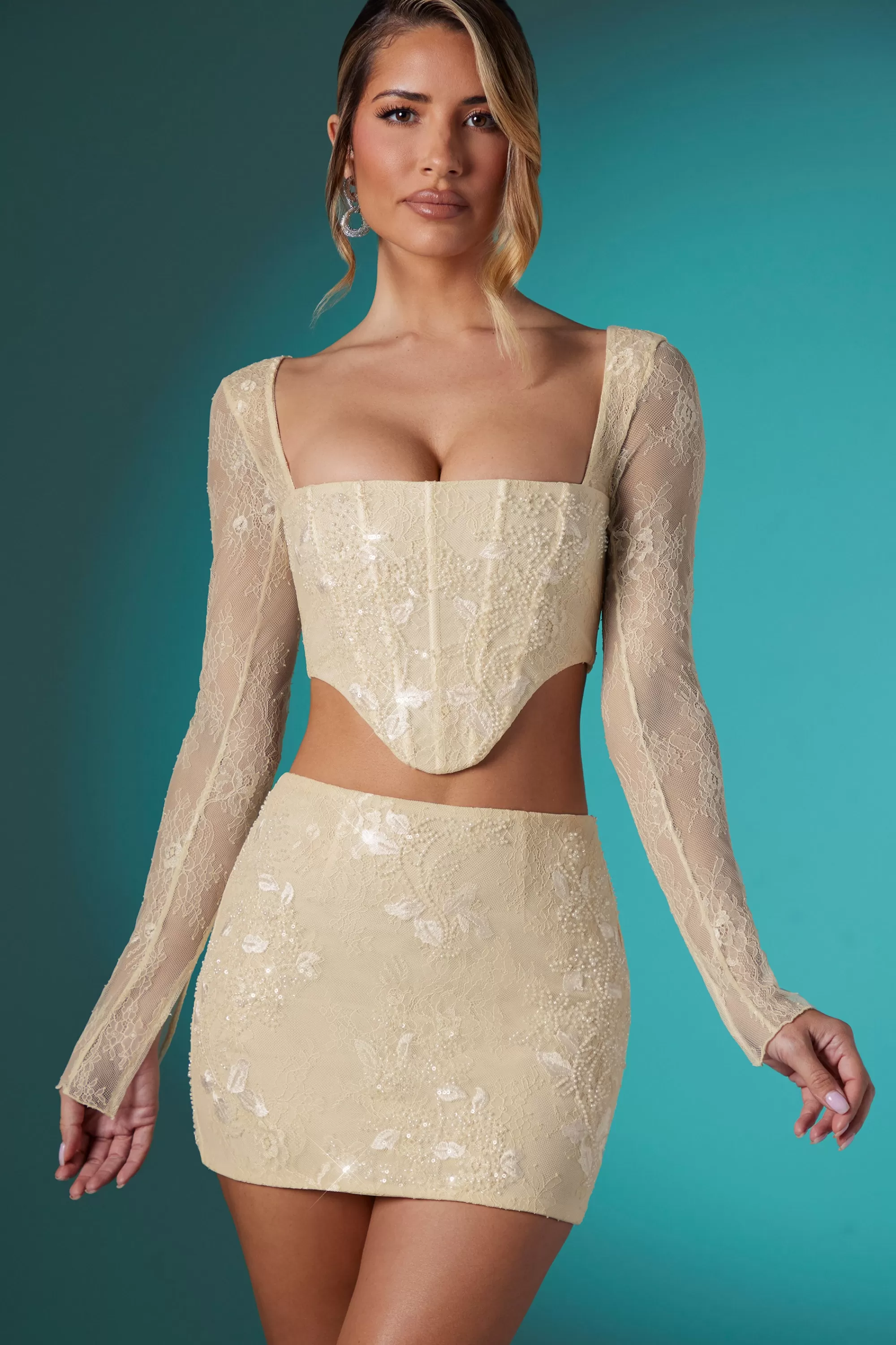 Oh Polly Embellished Lace Bodycon Mini Skirt in Ivory Flash Sale