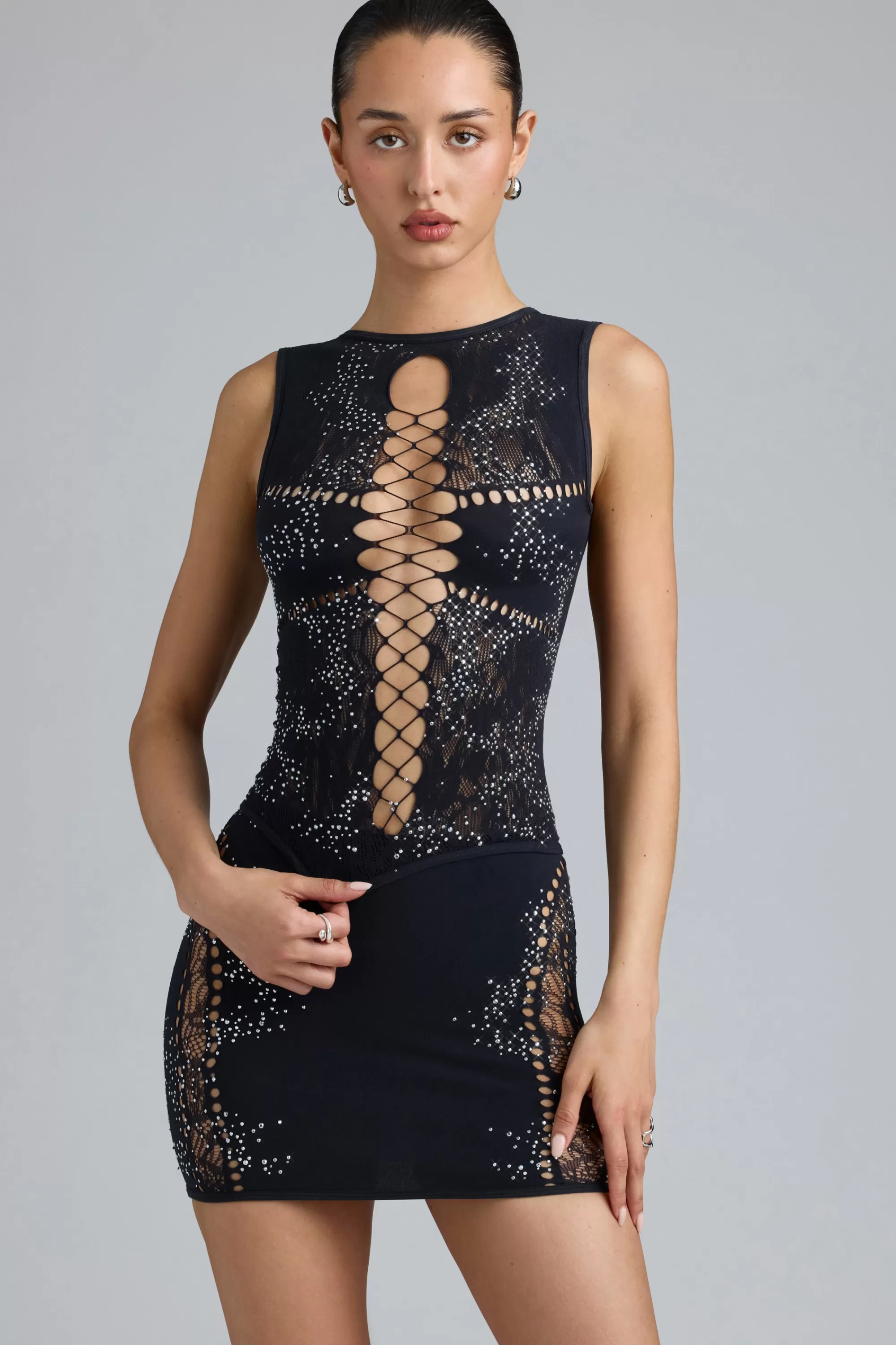 Oh Polly Embellished Lace-Up High-Neck Top in Black Cheap