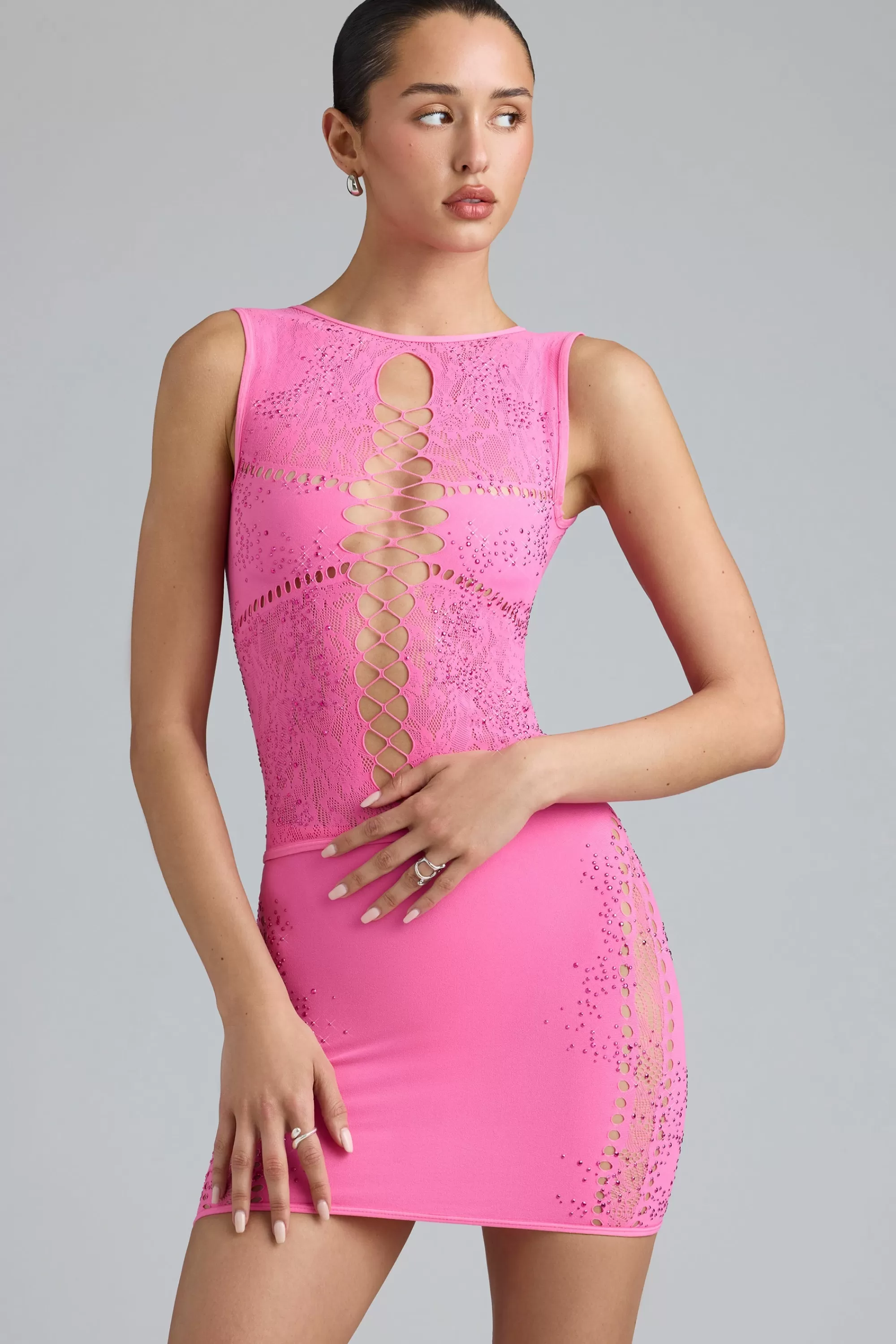 Oh Polly Embellished Lace-Up High-Neck Top in Bubblegum Pink BubblegumPink Online