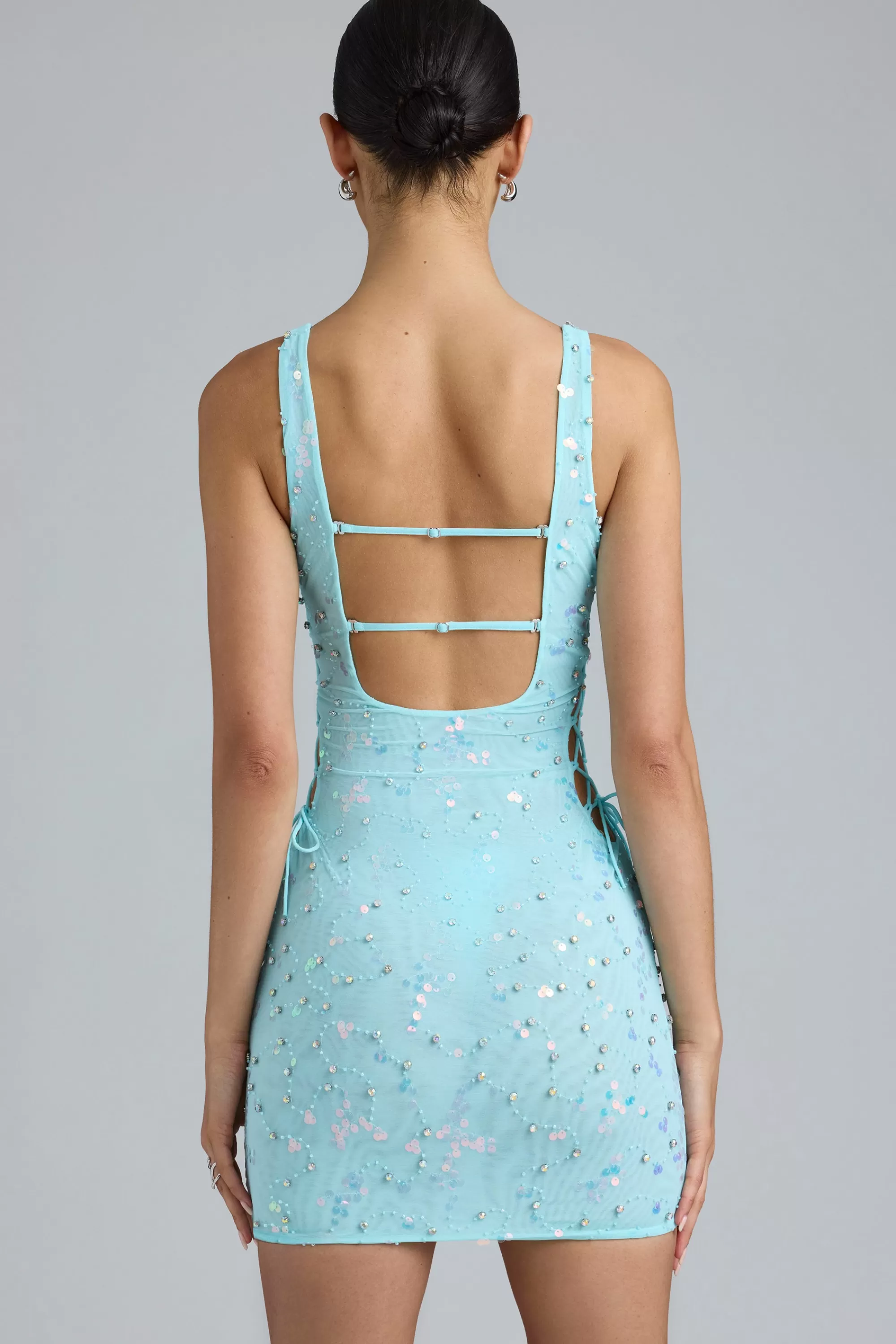 Oh Polly Embellished Lace-Up Mini Dress in Ice Blue IceBlue Hot