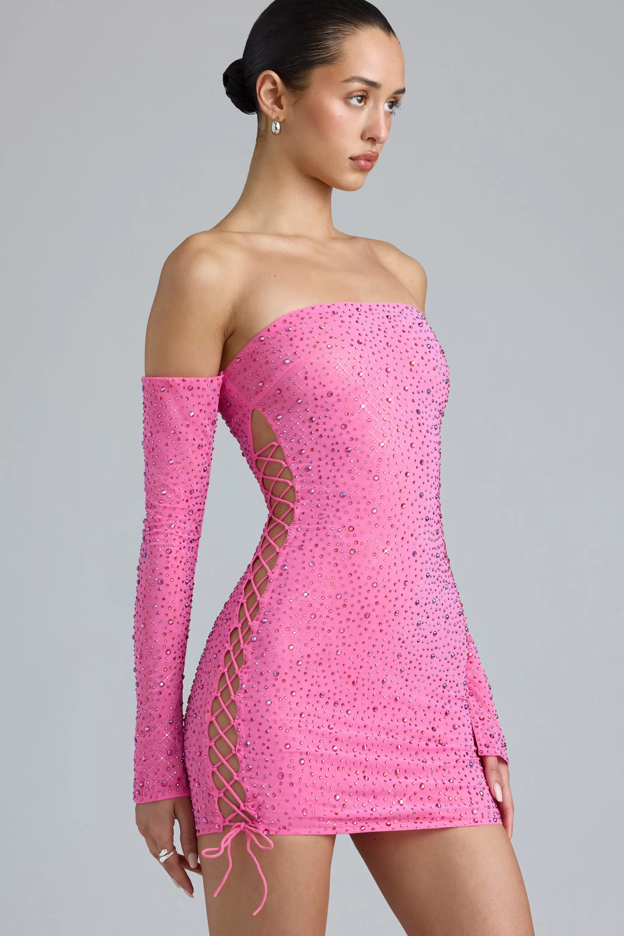 Oh Polly Embellished Lace-Up Off-Shoulder Mini Dress in Bubblegum Pink BubblegumPink Clearance