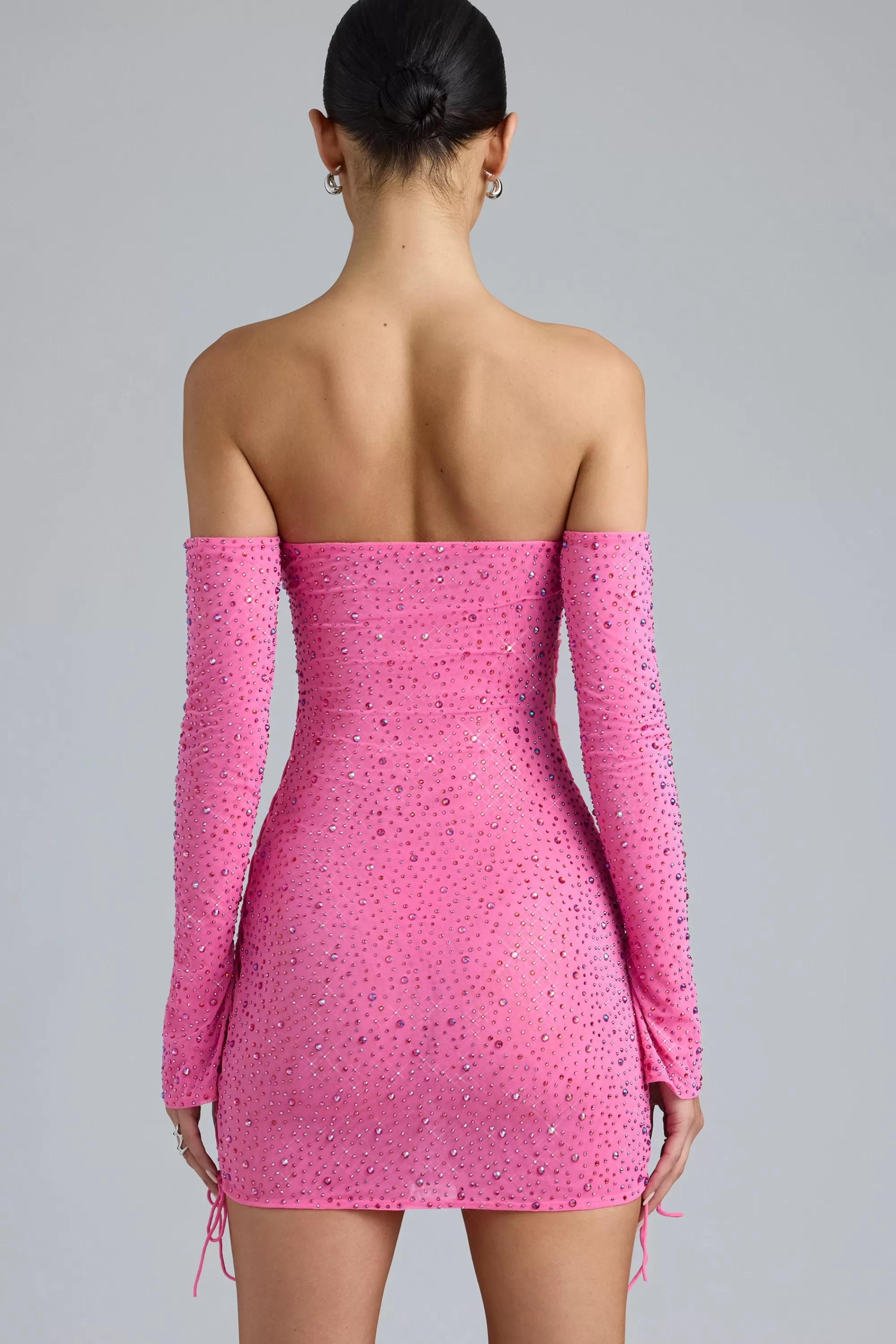 Oh Polly Embellished Lace-Up Off-Shoulder Mini Dress in Bubblegum Pink BubblegumPink Clearance