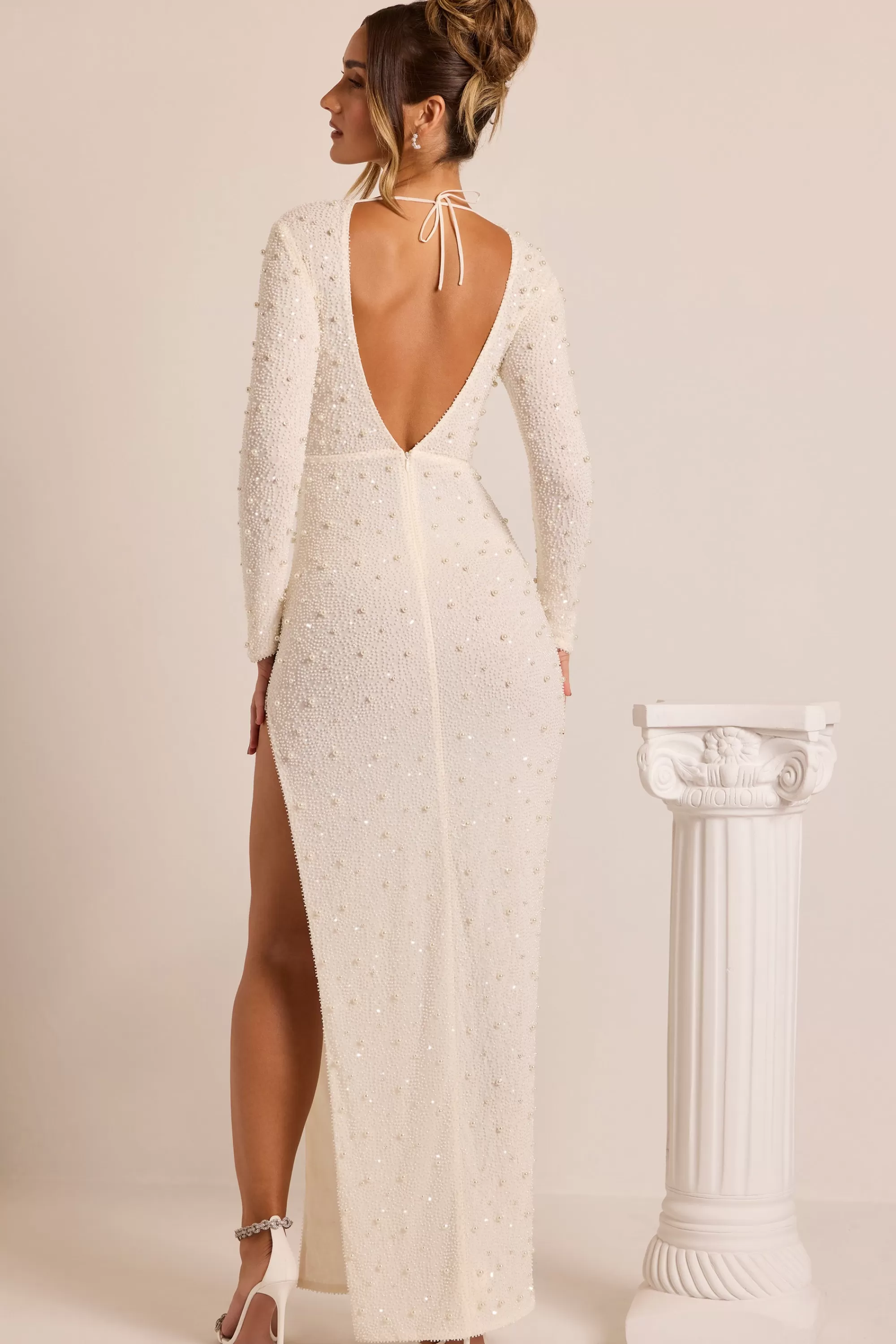 Oh Polly Embellished Long Sleeve Backless Maxi Dress in White Outlet