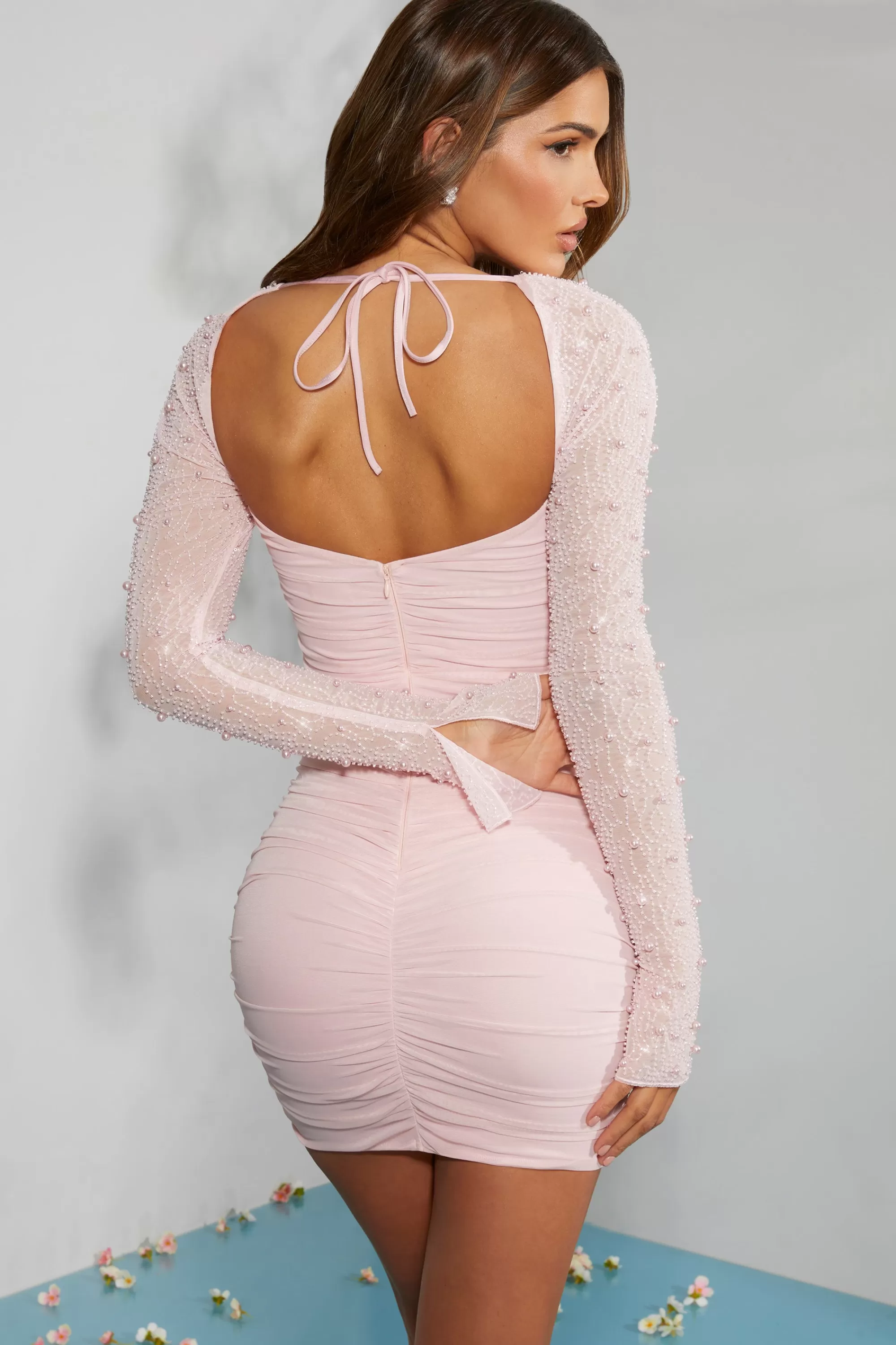 Oh Polly Embellished Long Sleeve Mini Dress in Blush Online