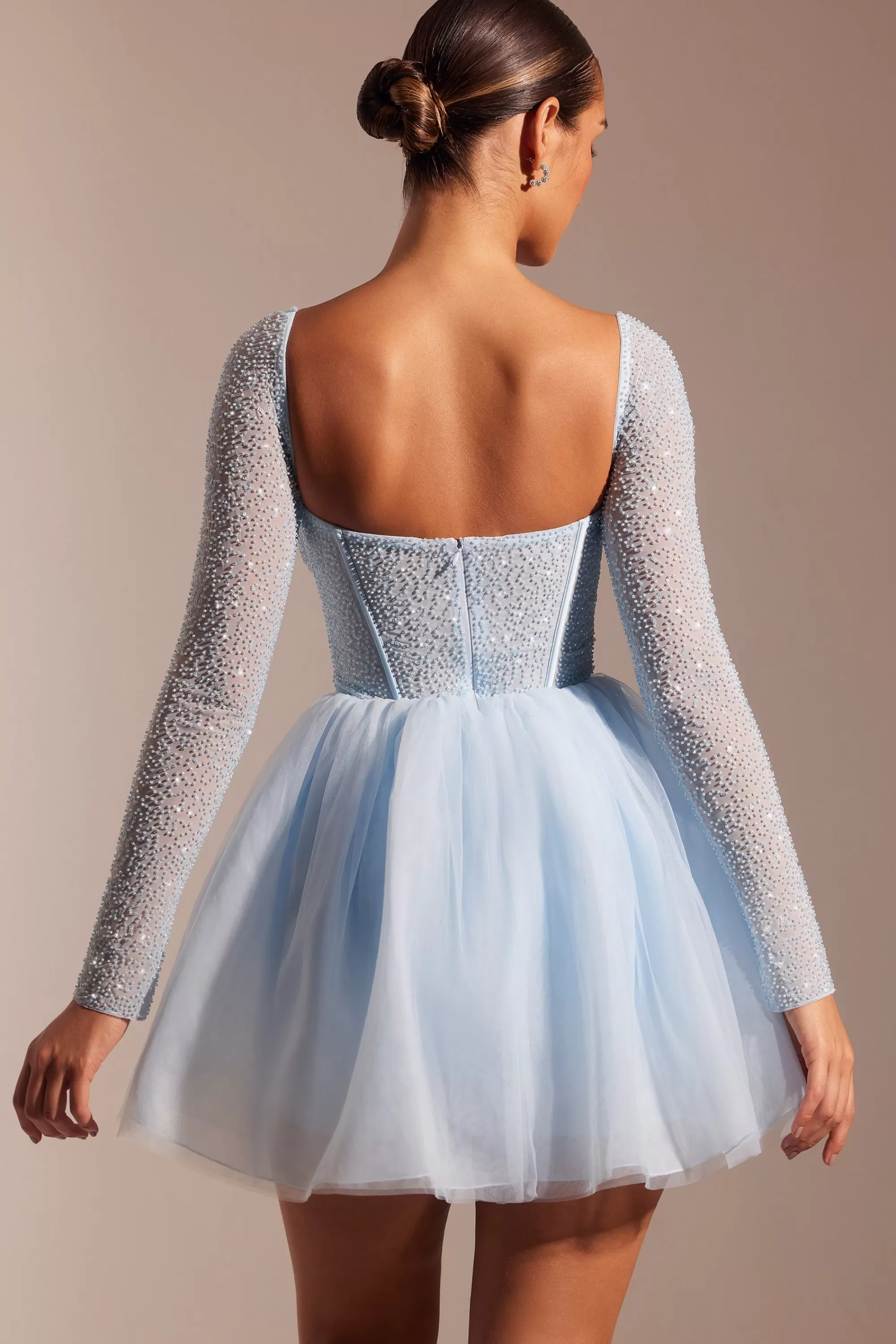 Oh Polly Embellished Long Sleeve Tulle Skirt Mini Dress in Blue Best Sale