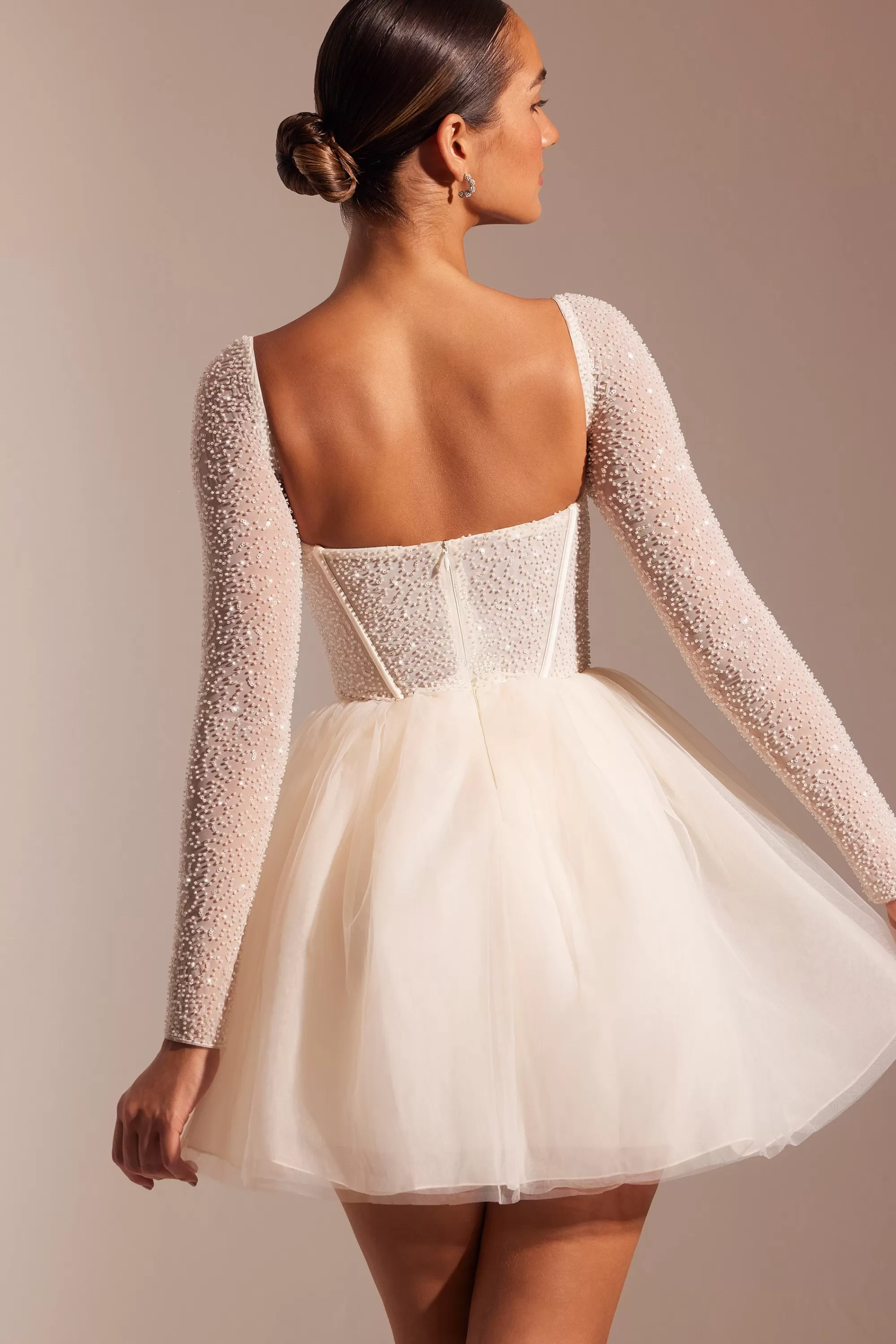 Oh Polly Embellished Long Sleeve Tulle Skirt Mini Dress in Ivory Discount