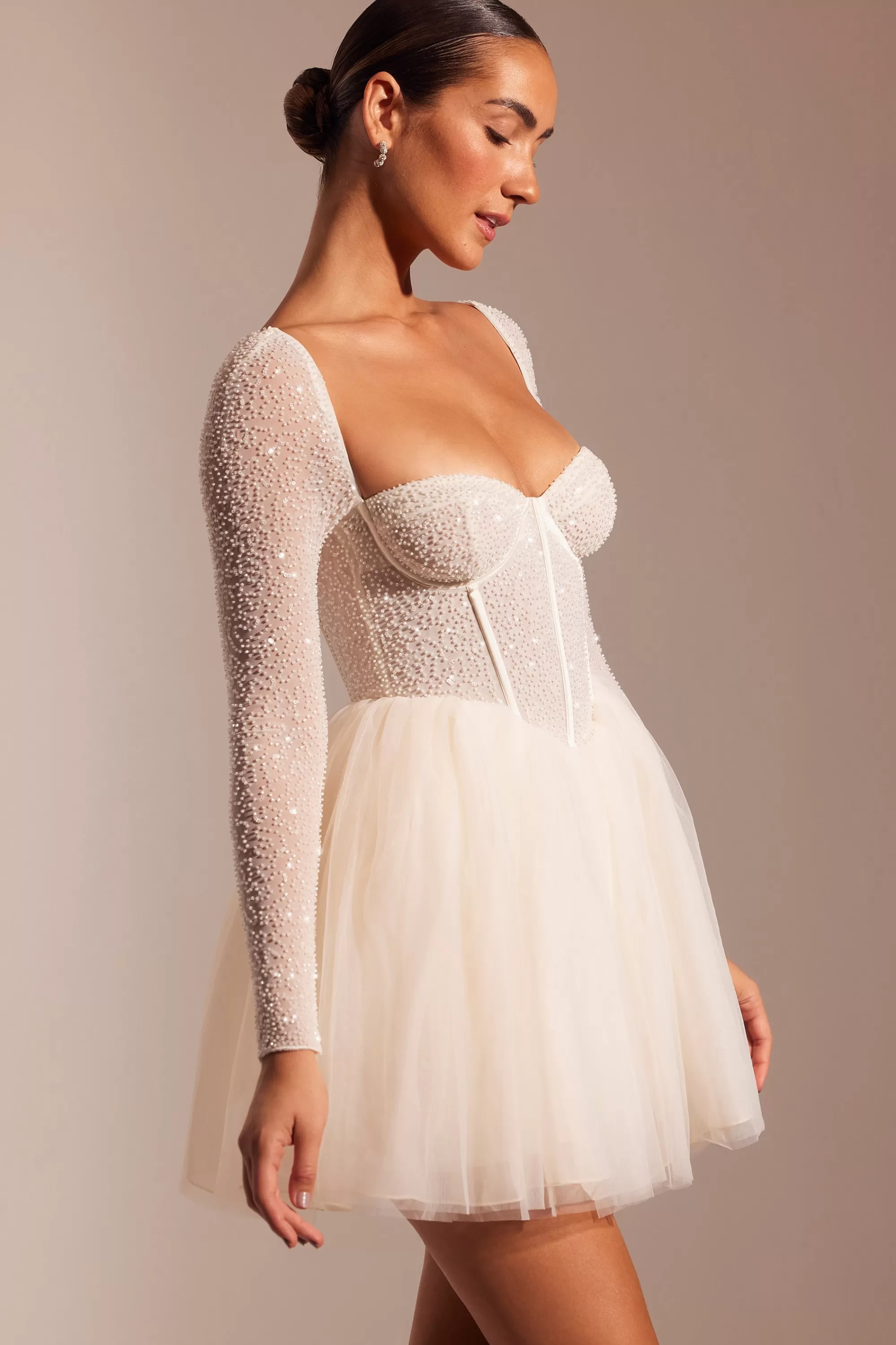 Oh Polly Embellished Long Sleeve Tulle Skirt Mini Dress in Ivory Discount