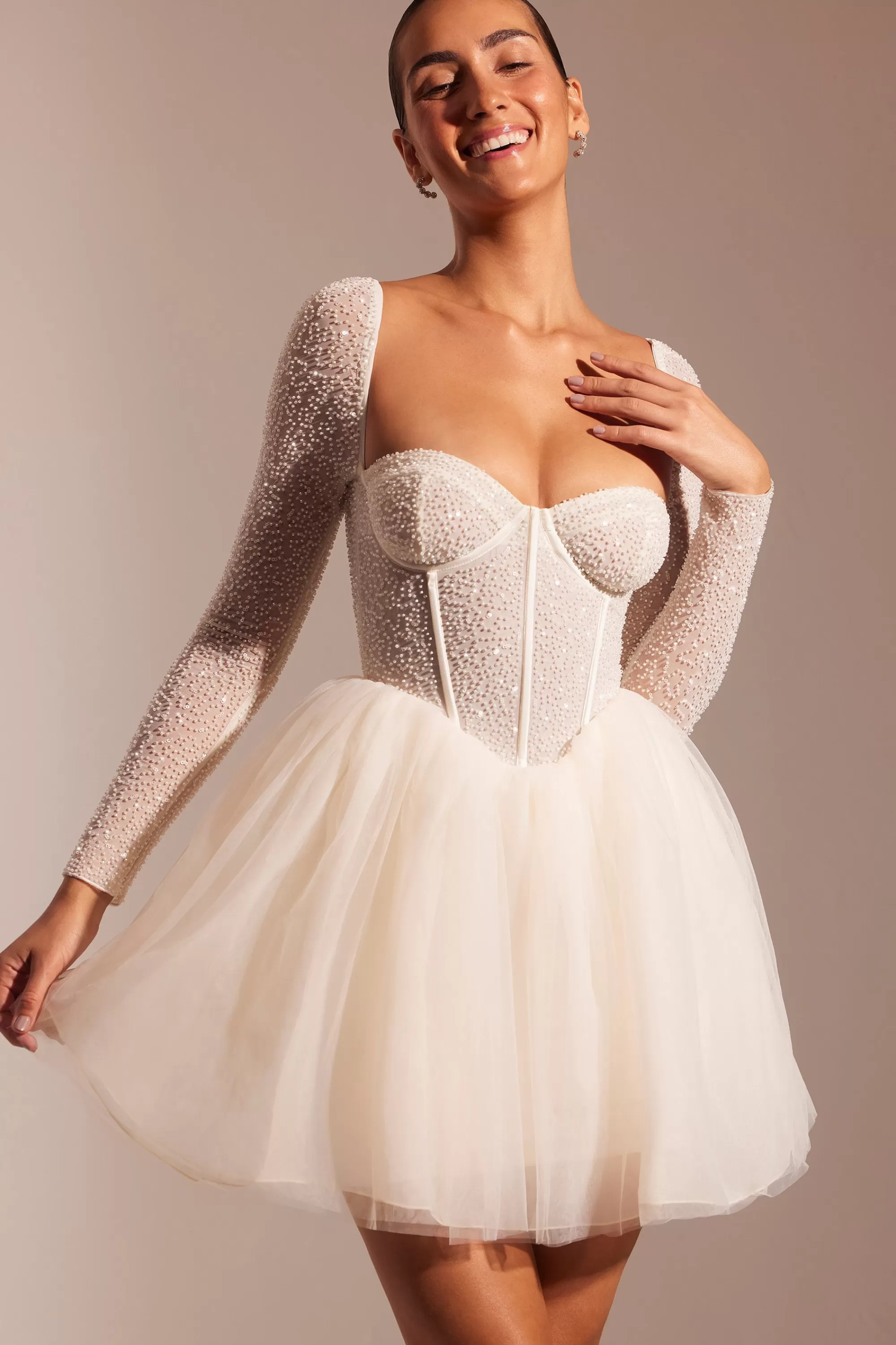 Oh Polly Embellished Long Sleeve Tulle Skirt Mini Dress in Ivory Discount