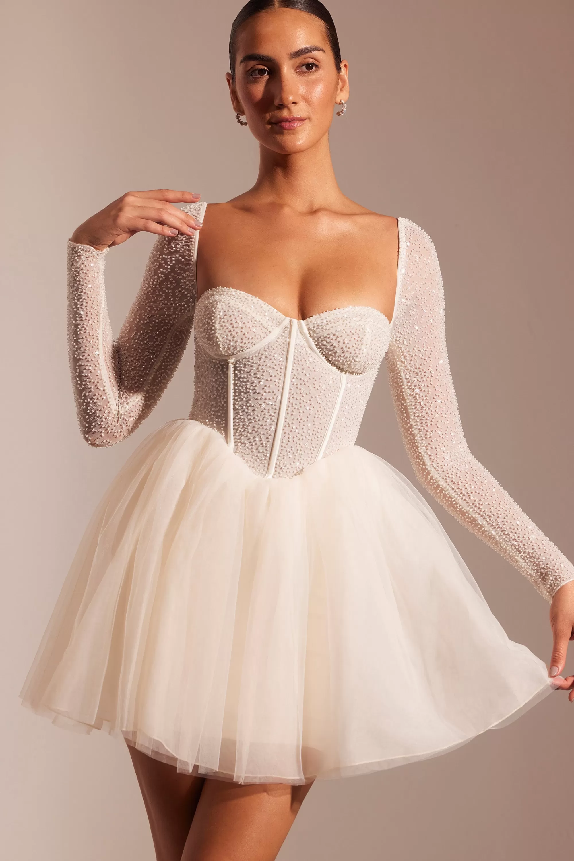 Oh Polly Embellished Long Sleeve Tulle Skirt Mini Dress in Ivory Discount