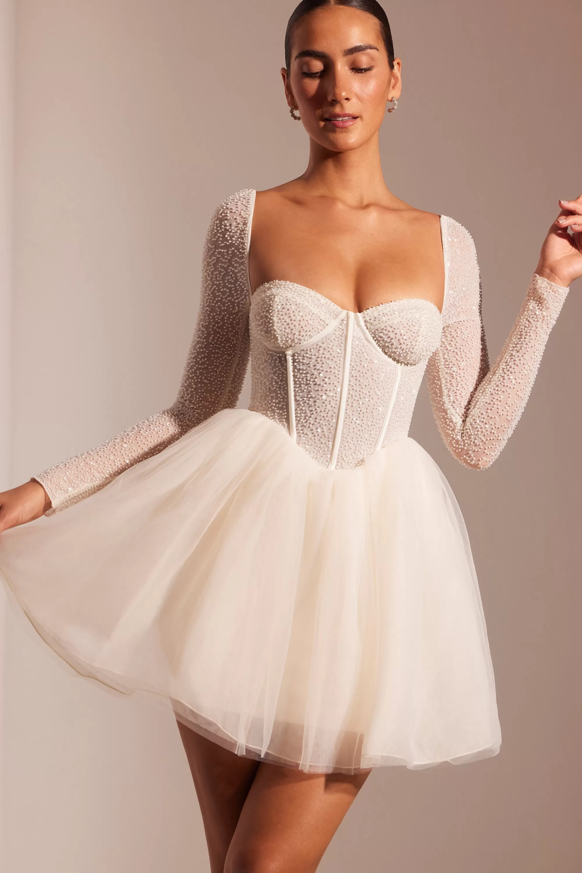 Oh Polly Embellished Long Sleeve Tulle Skirt Mini Dress in Ivory Discount