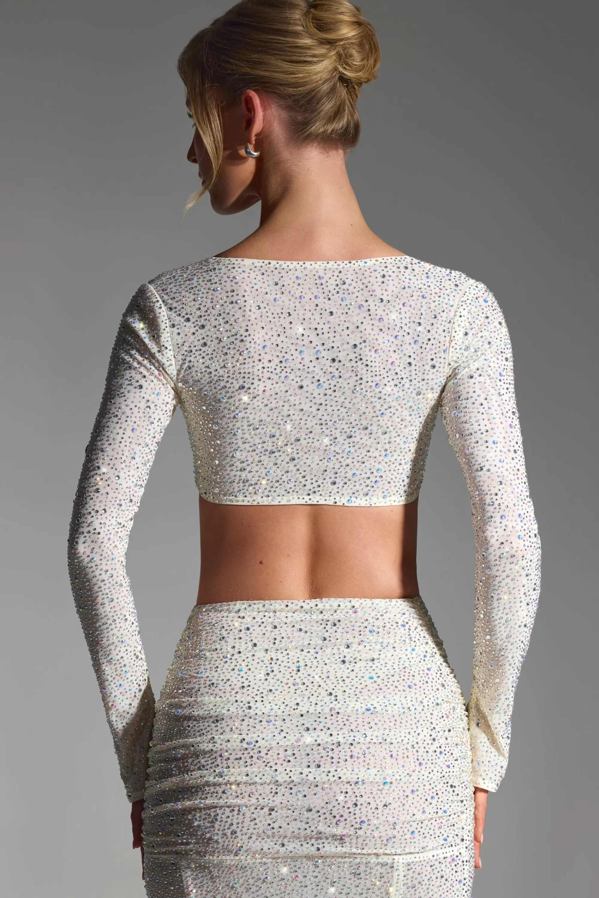 Oh Polly Embellished Long-Sleeve Crop Top in White Best Sale