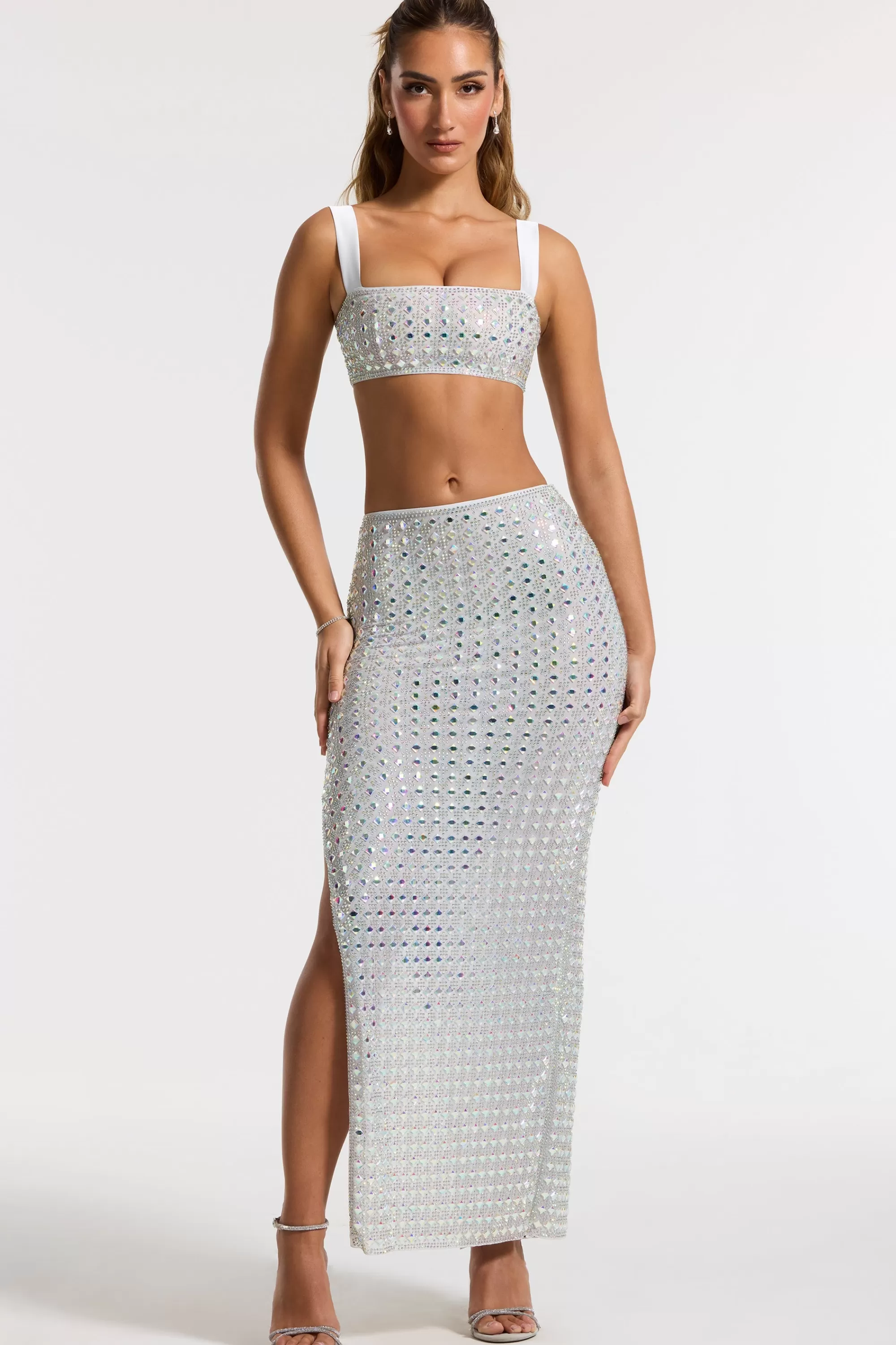 Oh Polly Embellished Mid Rise Gown Skirt in Silver Shop