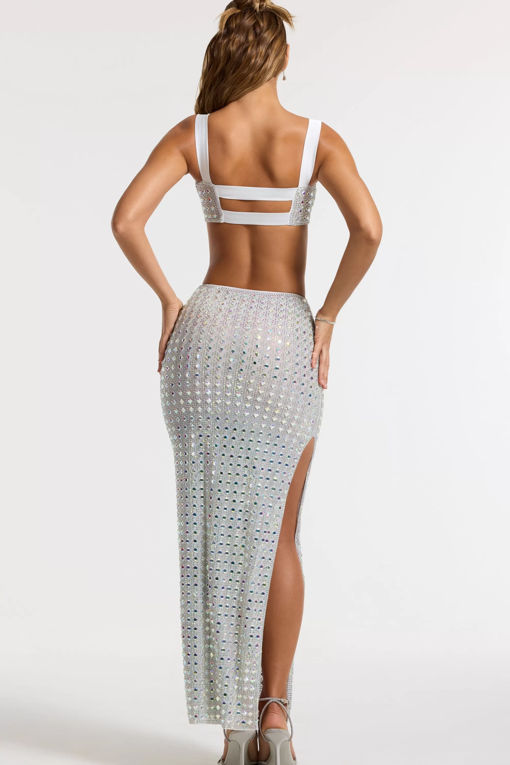 Oh Polly Embellished Mid Rise Gown Skirt in Silver Shop