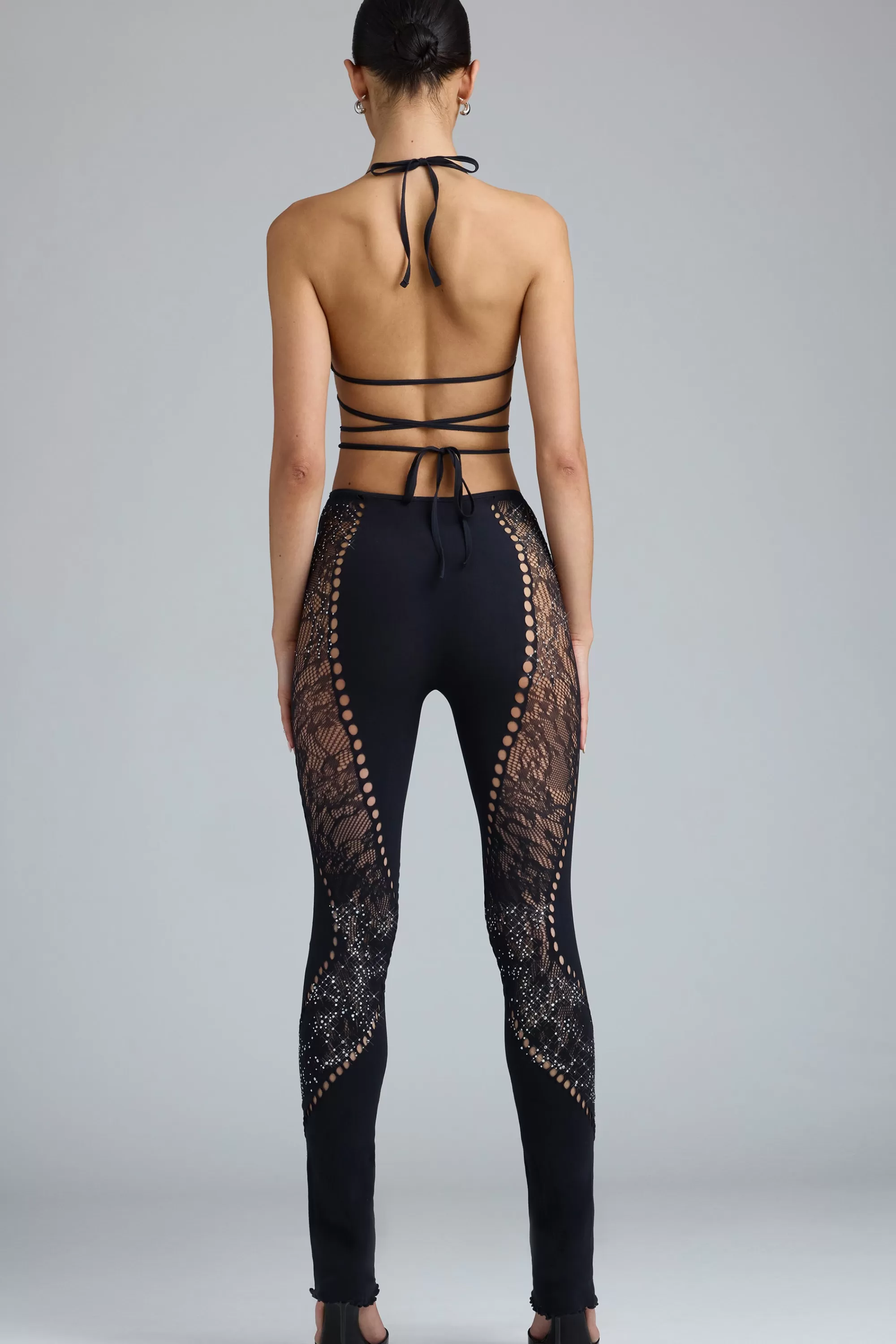 Oh Polly Embellished Mid-Rise Flared Trousers in Black Outlet