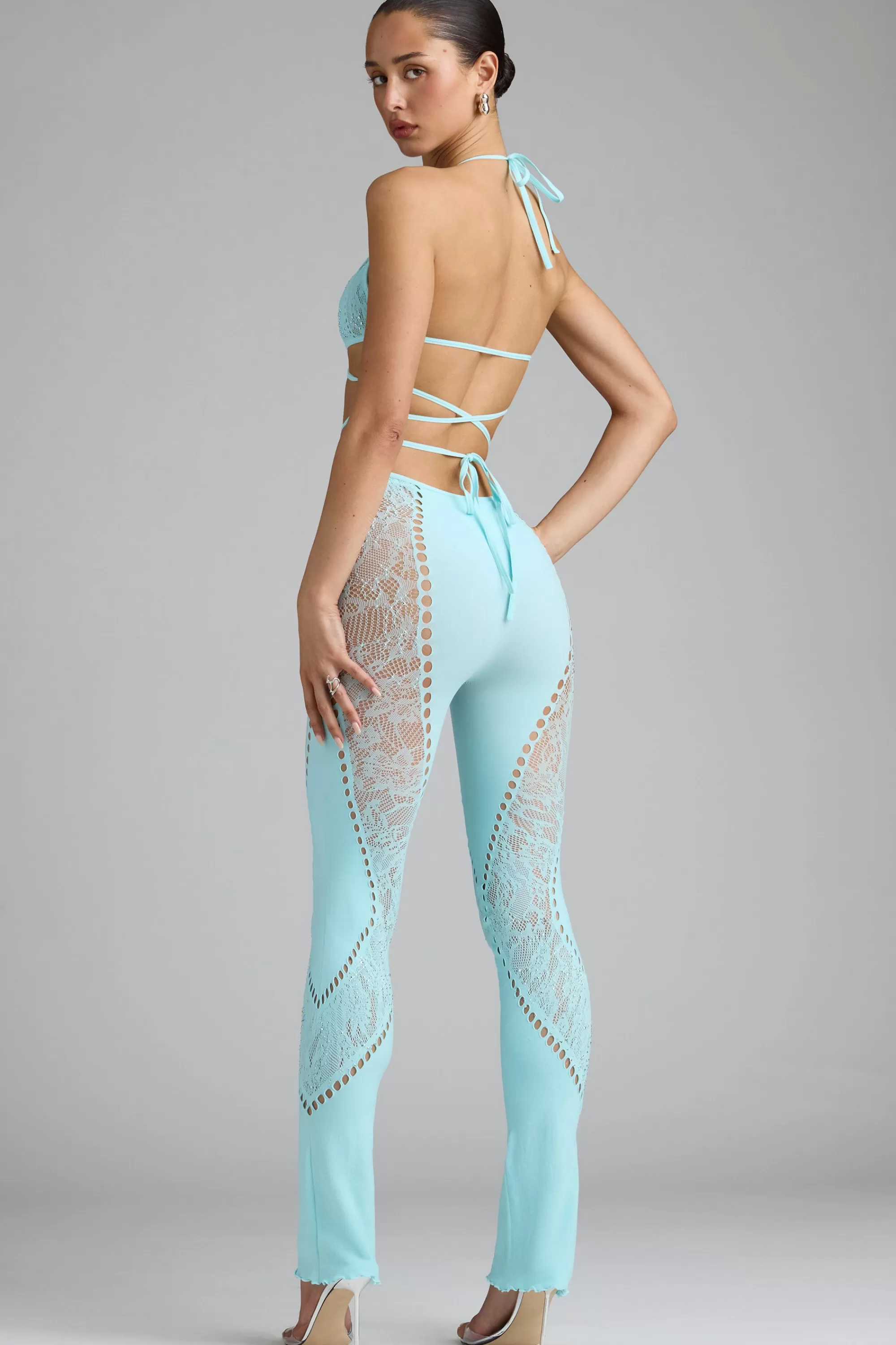 Oh Polly Embellished Mid-Rise Flared Trousers in Ice Blue IceBlue Best Sale