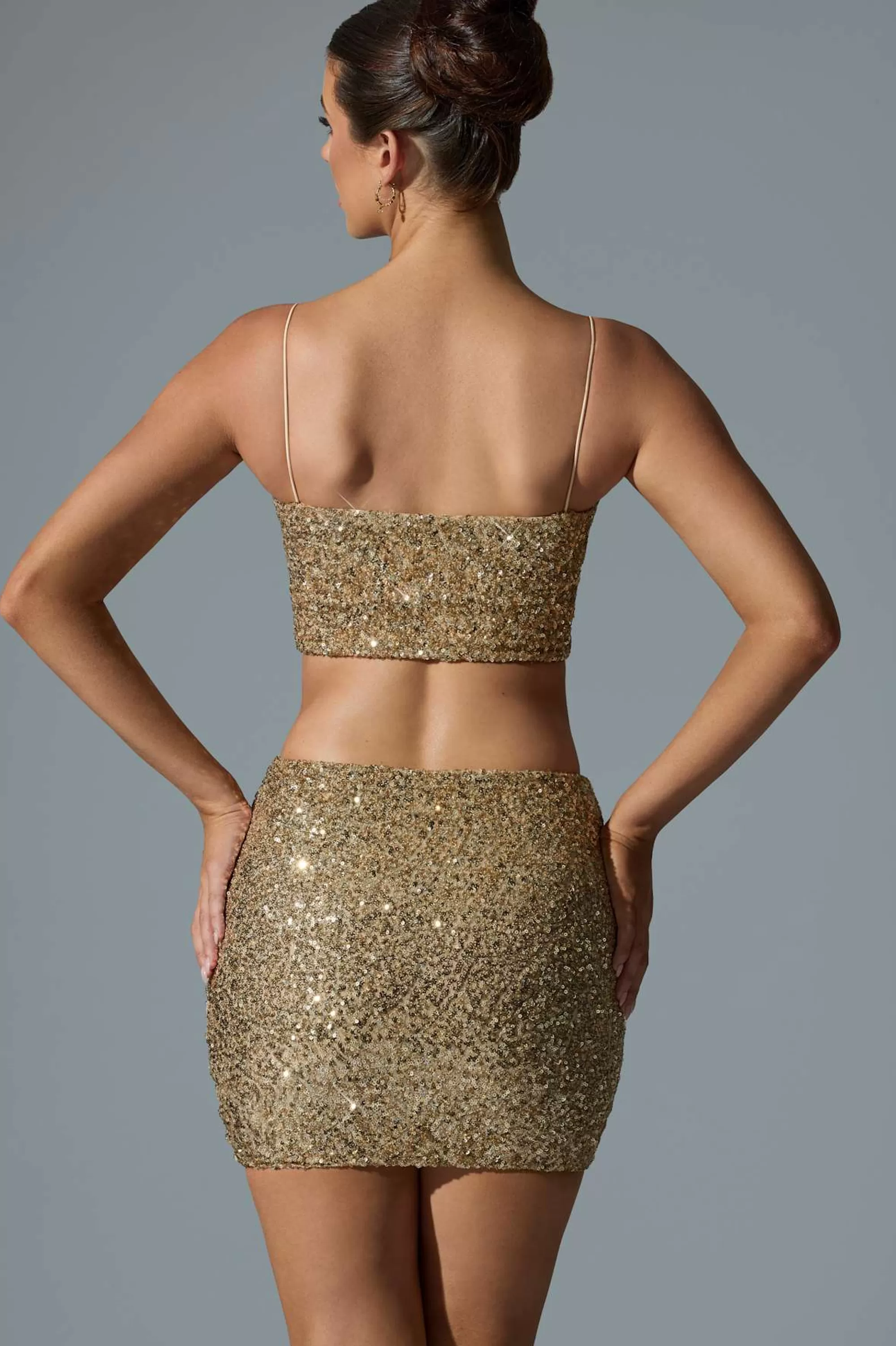 Oh Polly Embellished Mid-Rise Mini Skirt in Gold Clearance