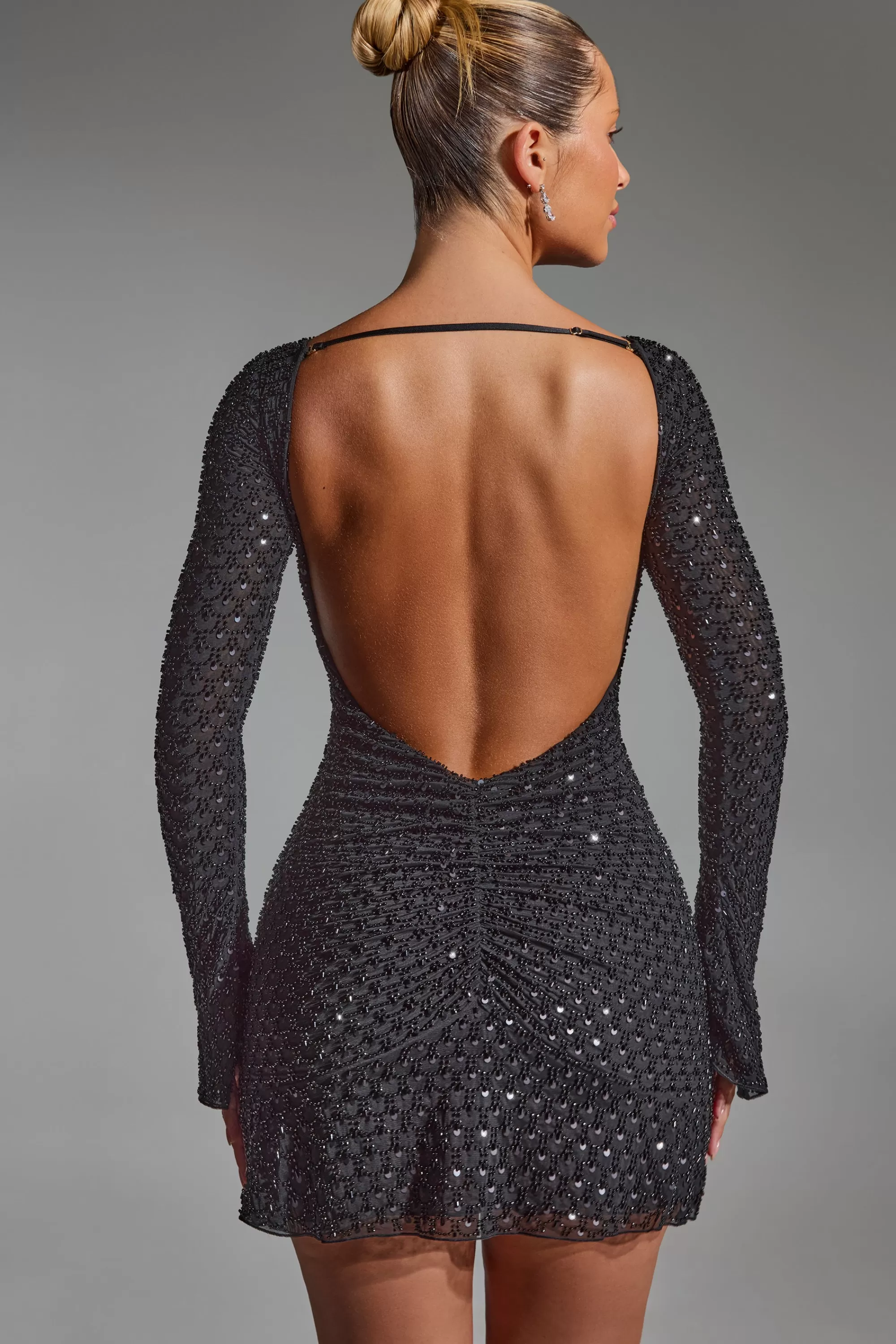 Oh Polly Embellished Open-Back A-Line Mini Dress in Black Discount