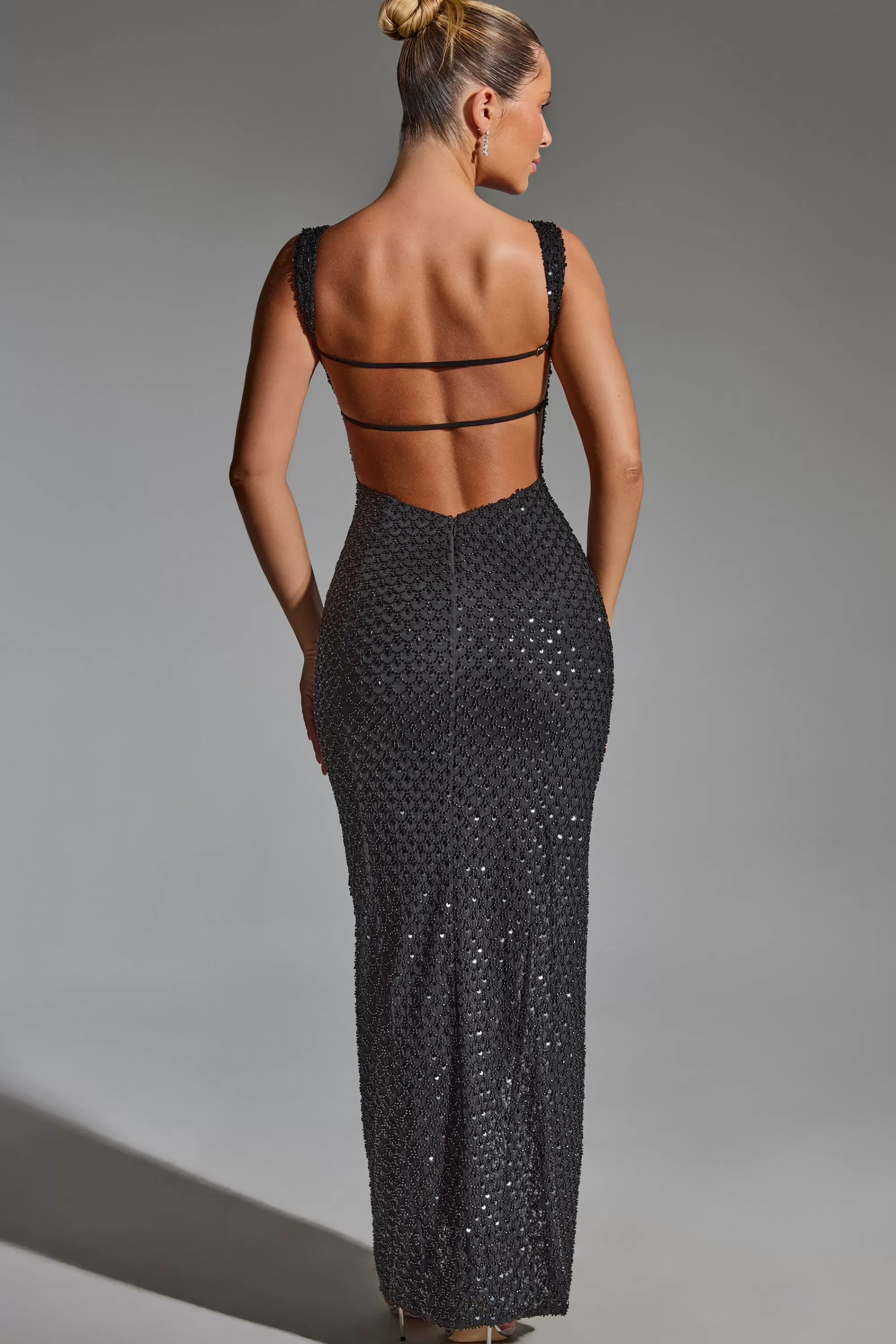 Oh Polly Embellished Open-Back Maxi Dress in Black Discount