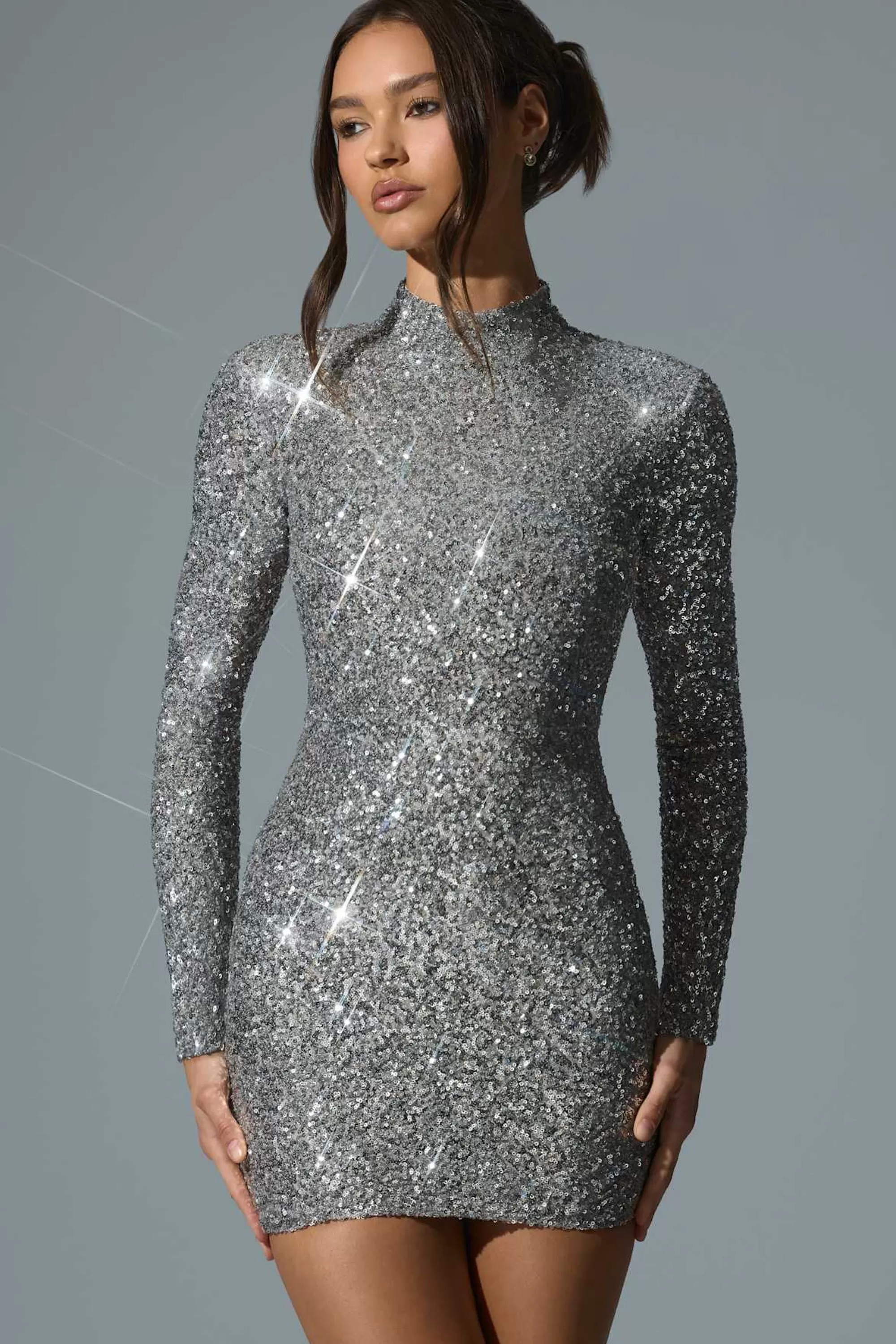 Oh Polly Embellished Open-Back Mini Dress in Silver Clearance