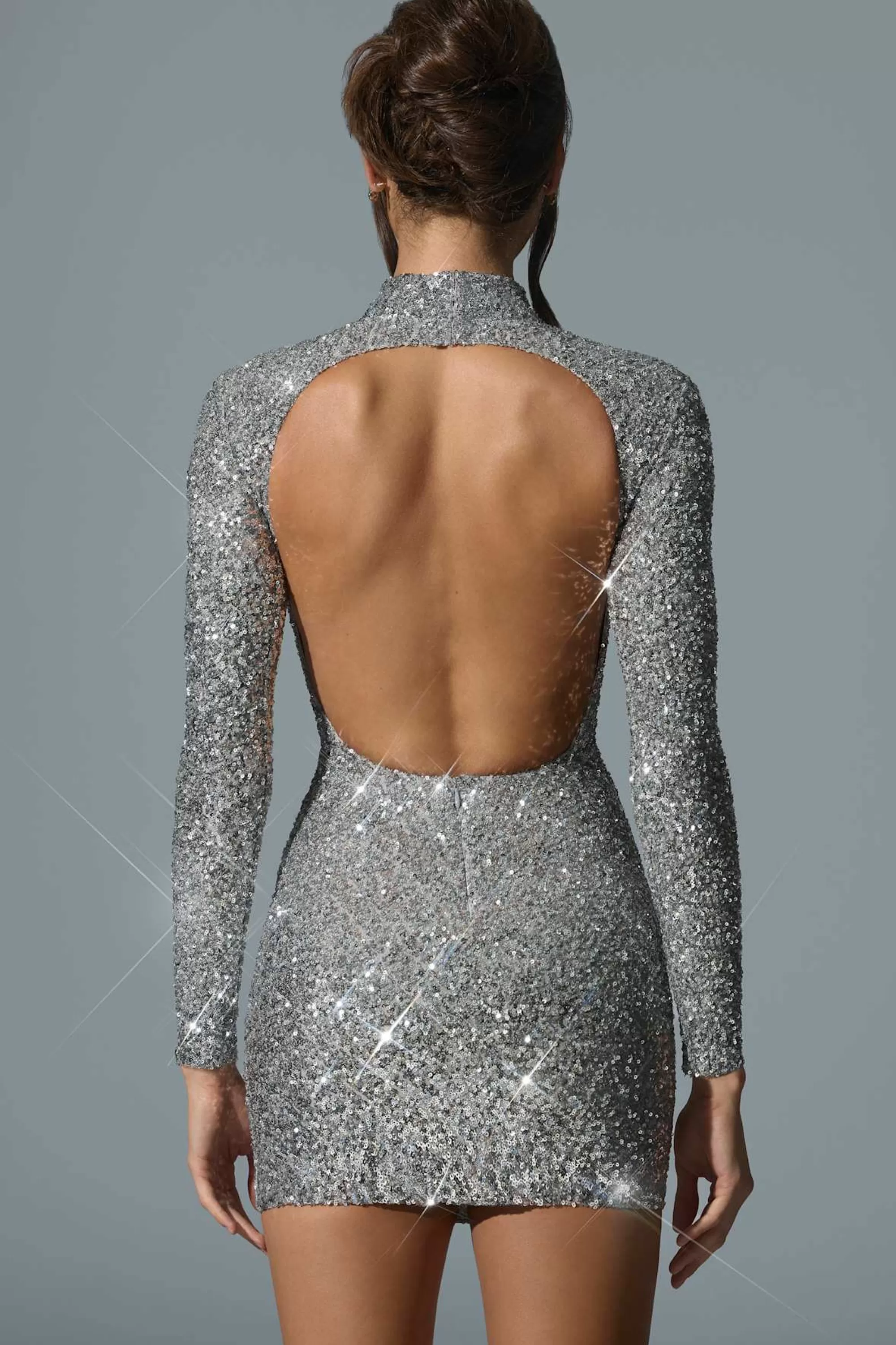 Oh Polly Embellished Open-Back Mini Dress in Silver Clearance