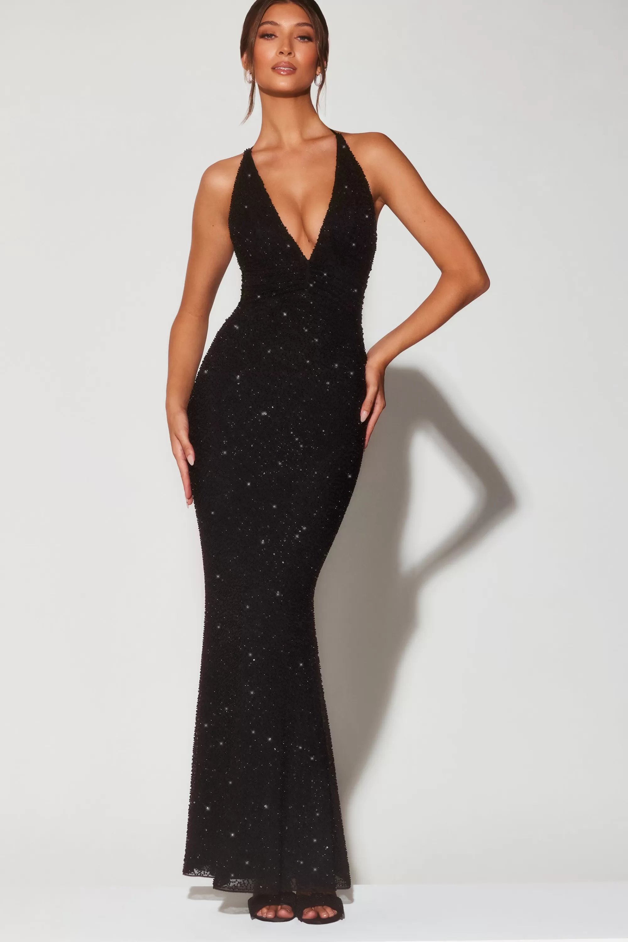 Oh Polly Embellished Plunge Halter Neck Evening Gown in Black Online