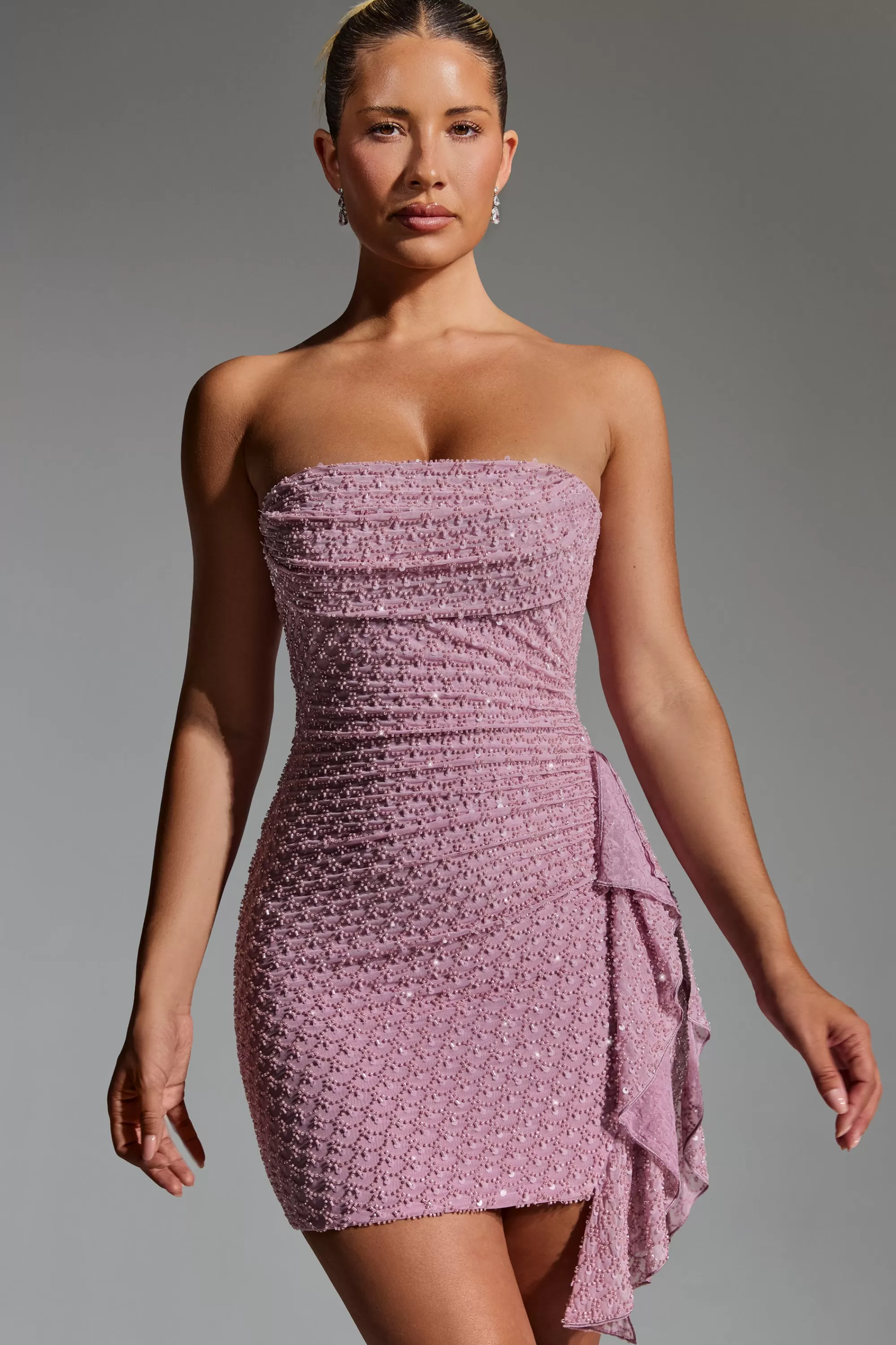 Oh Polly Embellished Ruffled Cowl-Neck Bandeau Mini Dress in Mauve Sale