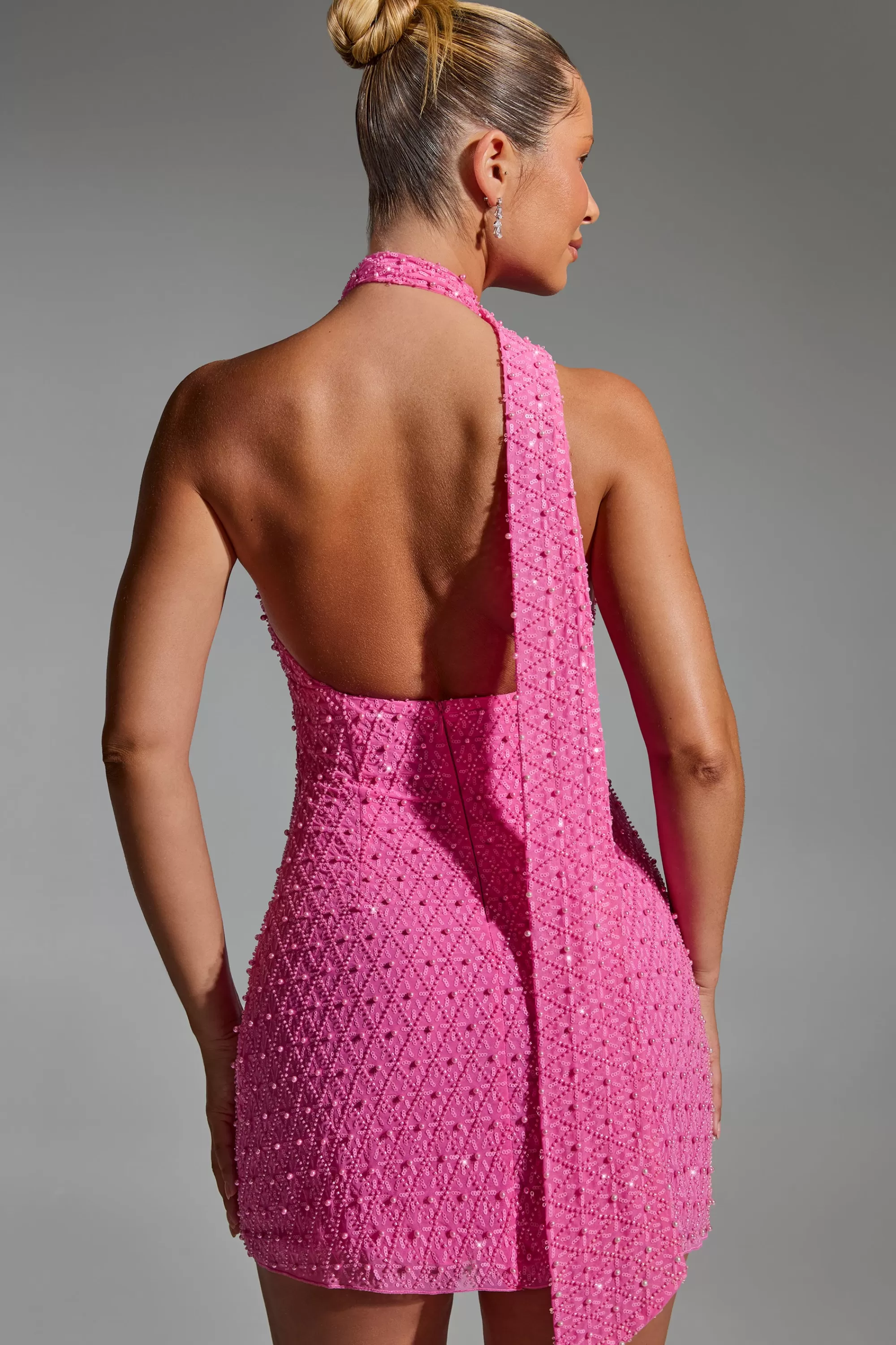 Oh Polly Embellished Scarf-Detail Halterneck Mini Dress in Hot Pink HotPink Online