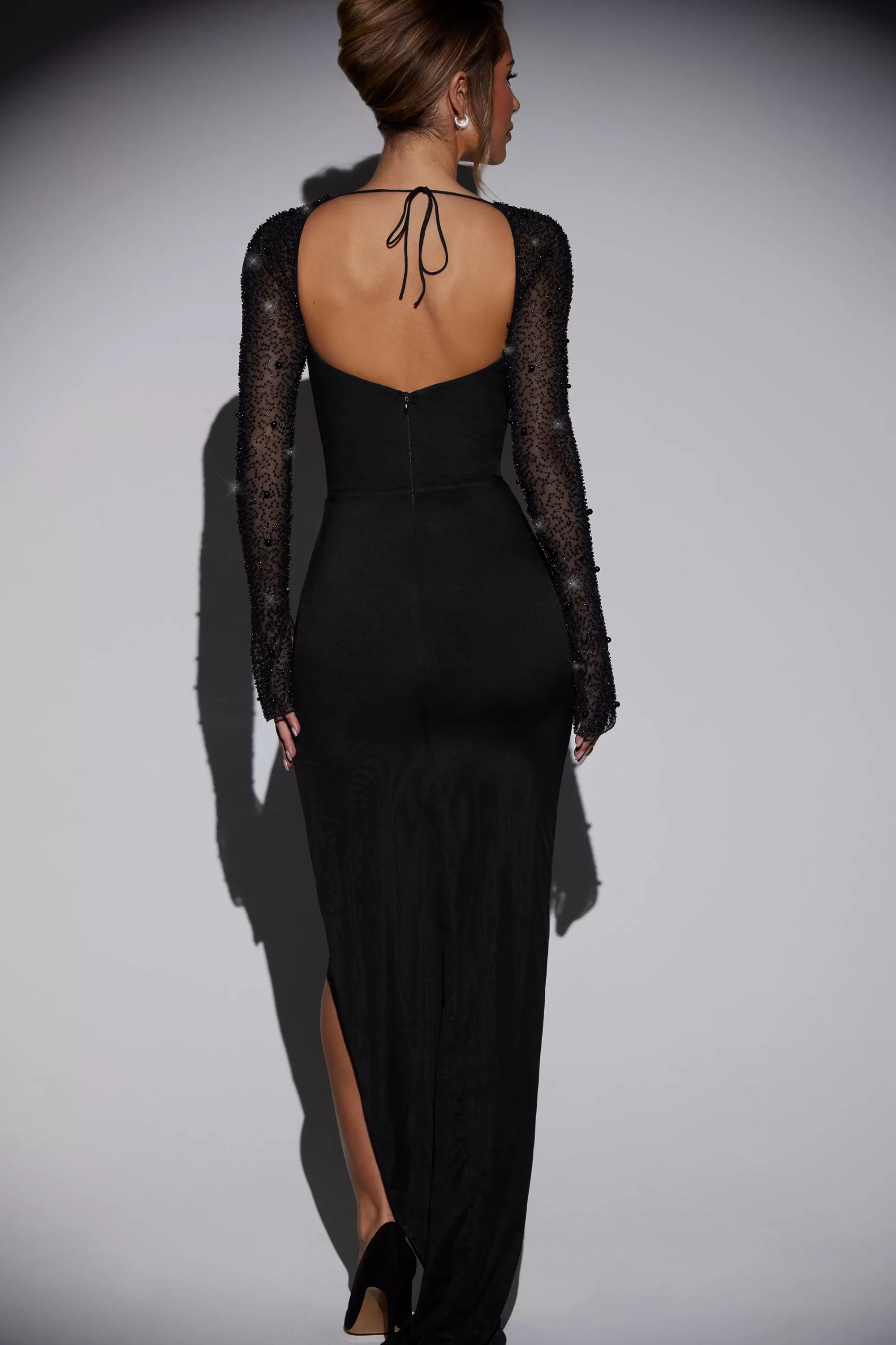 Oh Polly Embellished Side Split Maxi Dress in Black Hot