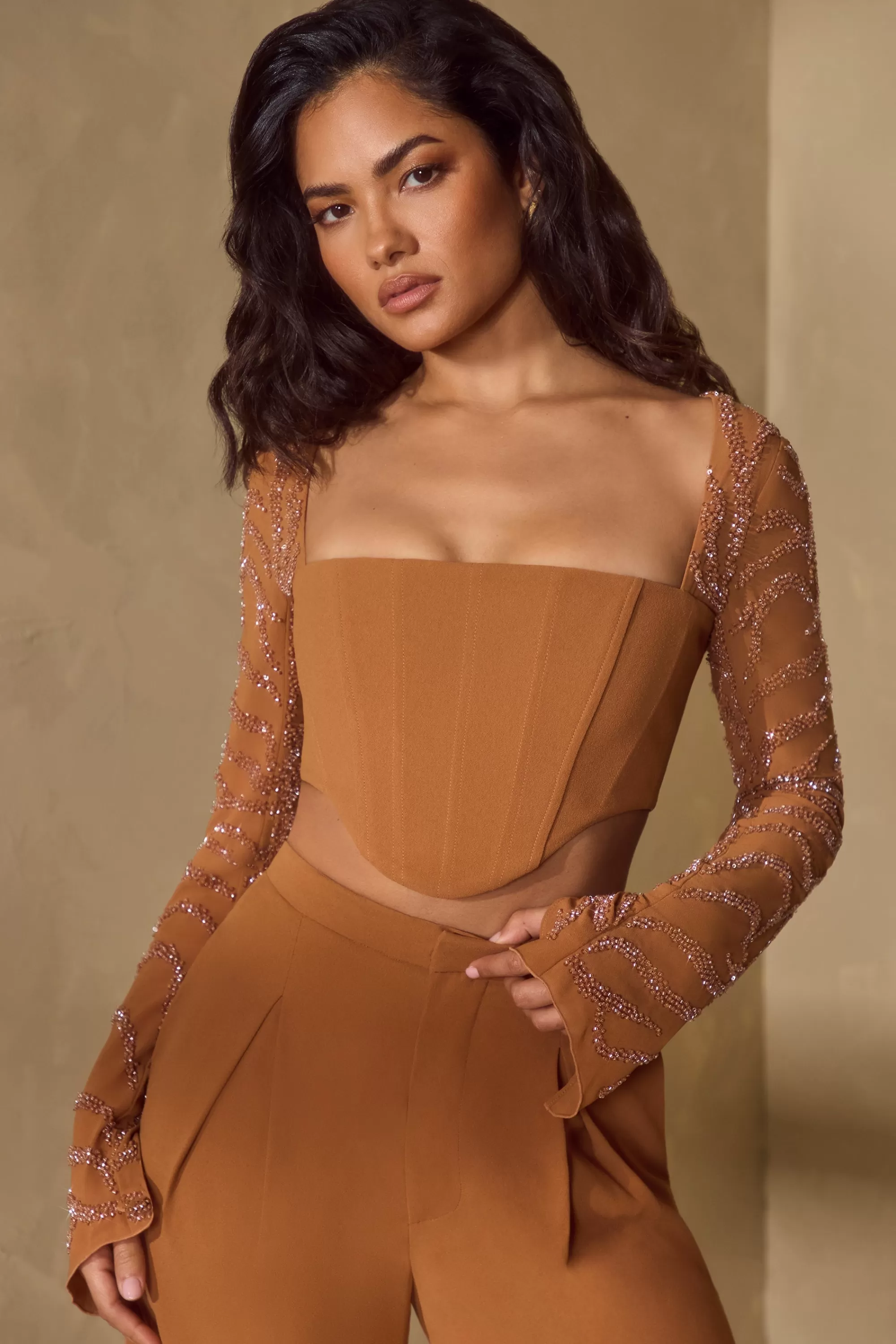 Oh Polly Embellished Sleeve Corset Crop Top in Caramel Best Sale
