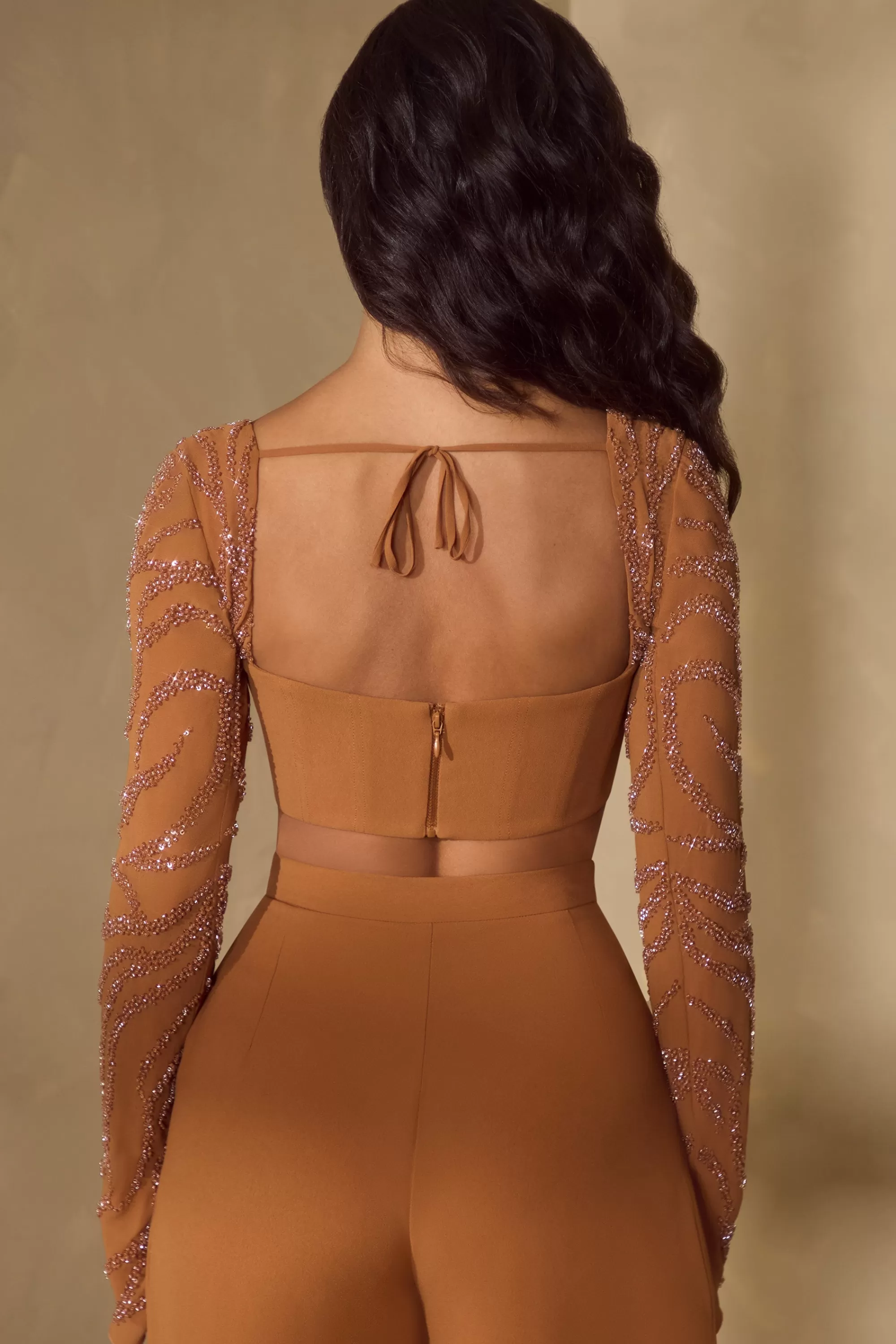 Oh Polly Embellished Sleeve Corset Crop Top in Caramel Best Sale