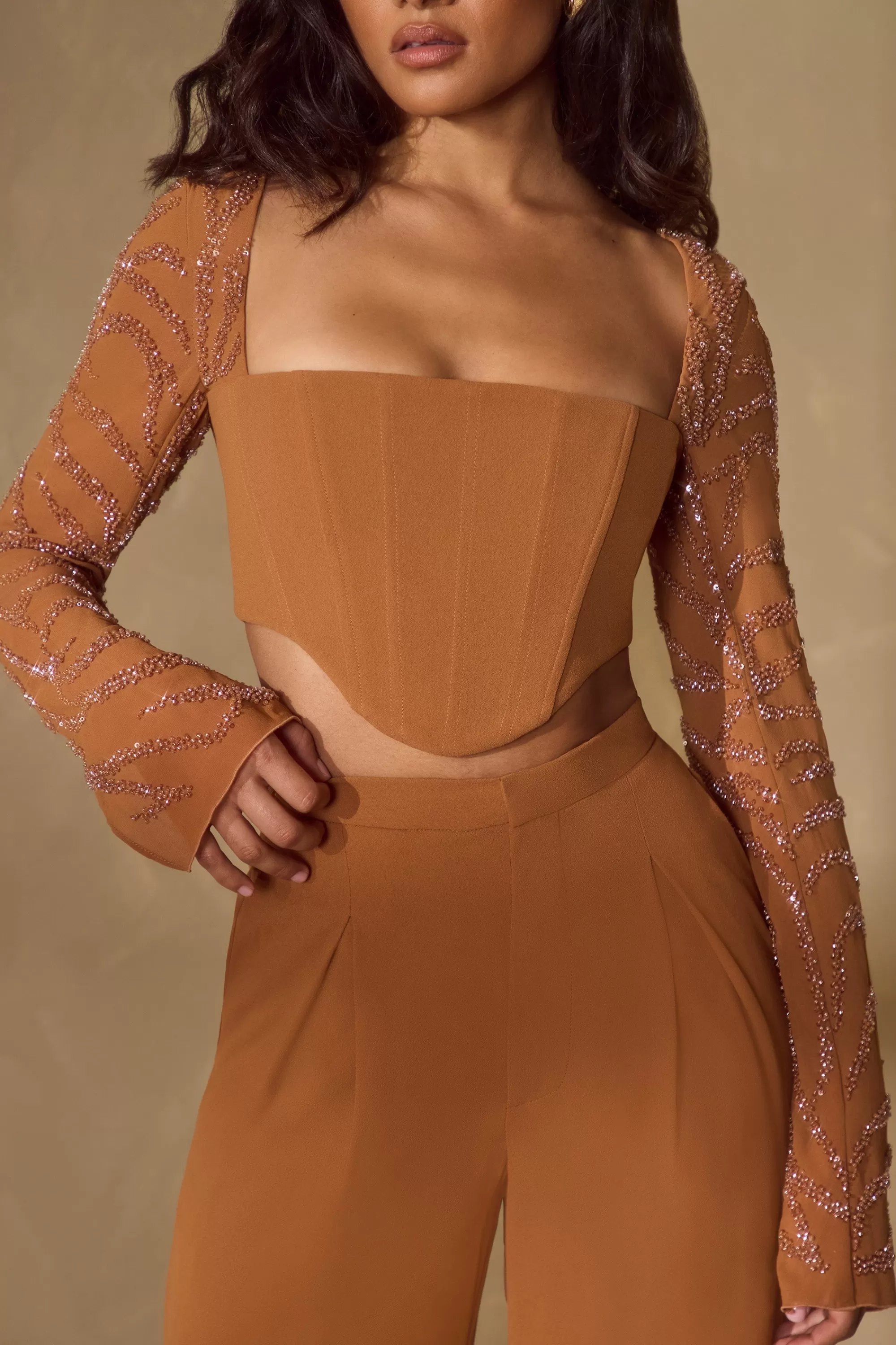 Oh Polly Embellished Sleeve Corset Crop Top in Caramel Best Sale