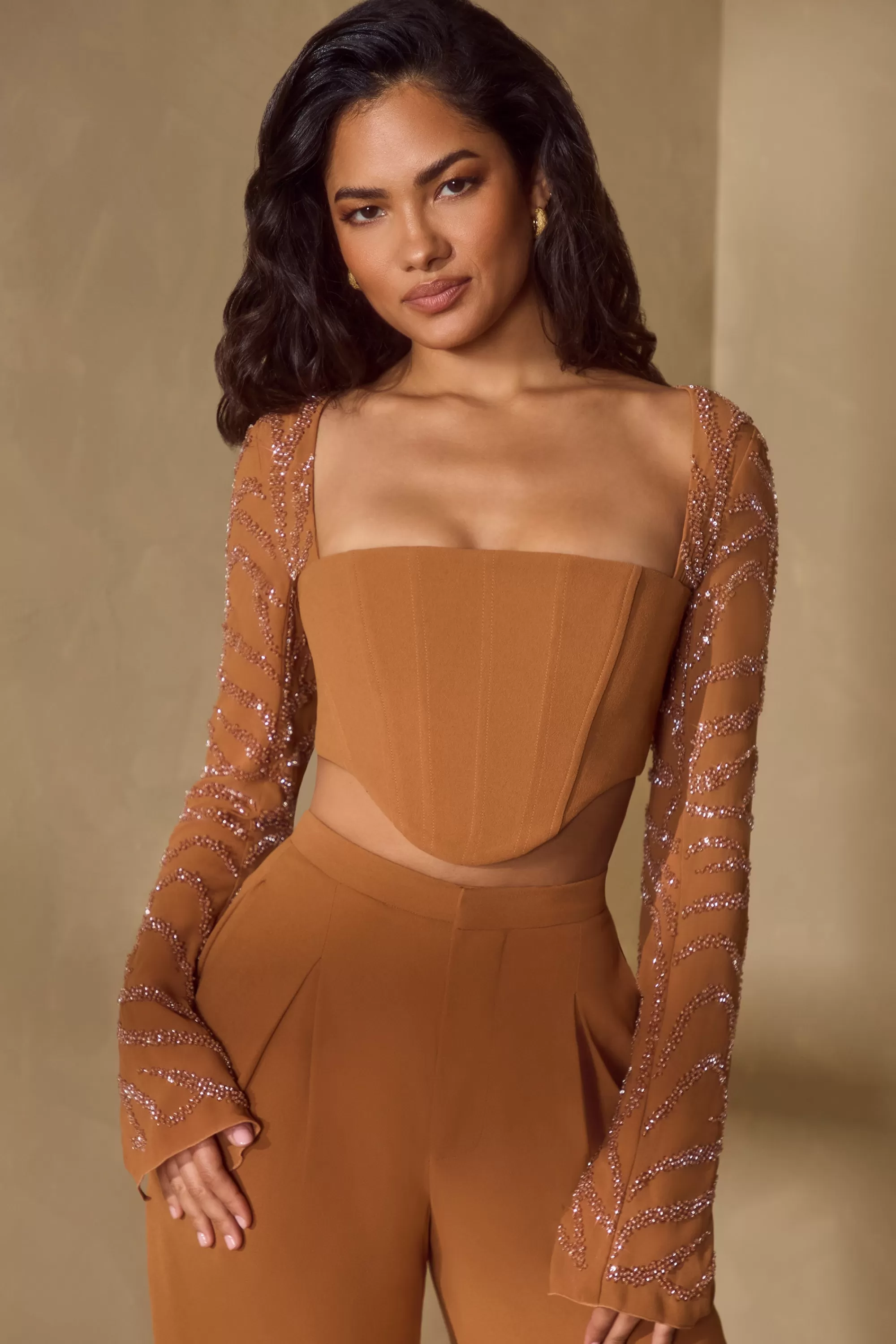 Oh Polly Embellished Sleeve Corset Crop Top in Caramel Best Sale